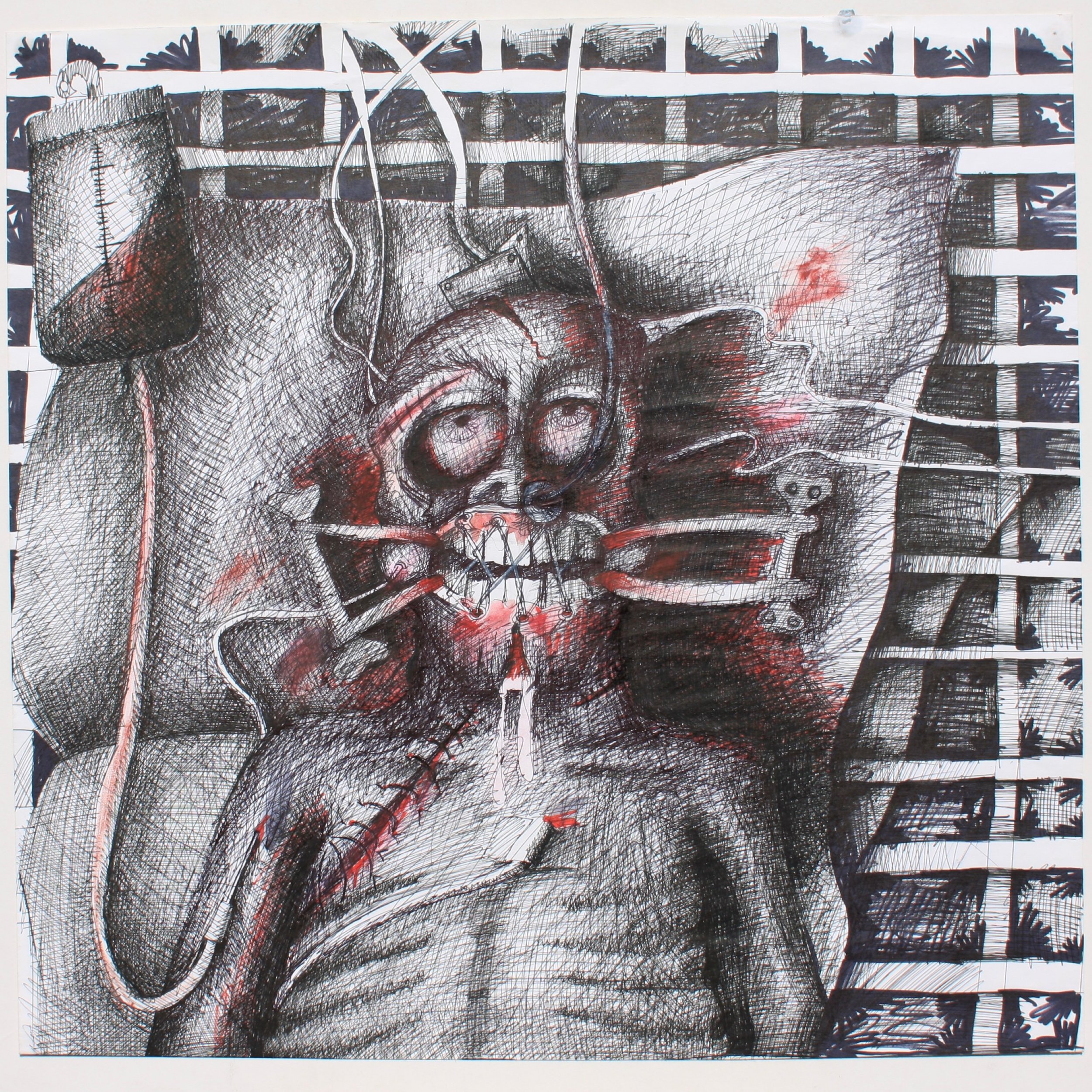 ‘Revenge’ Pen and ink, 1980. I explore my inner turmoil and work at a frenzied pace. I express my anger at the brutal attack. The work was produced in the aftermath of the recovery working in the art studios with my scars still healing.
I felt aba