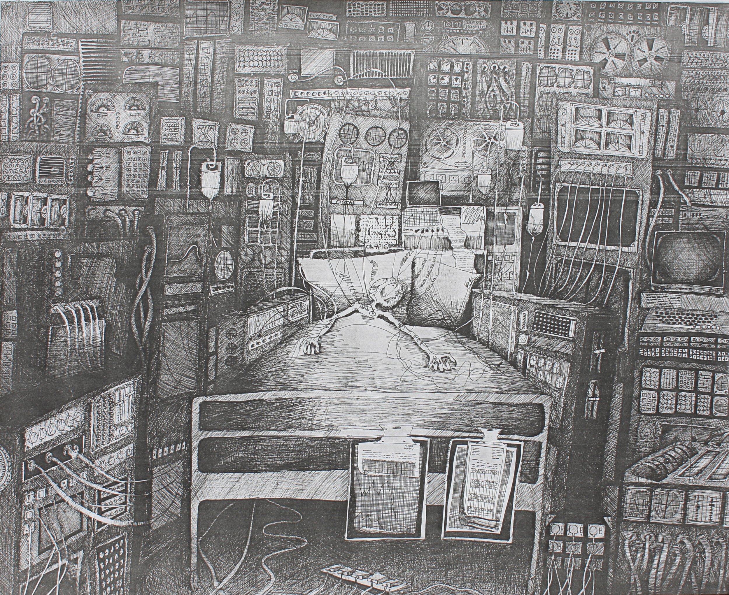 ‘Intensive Care’
Pen and Ink, 1981.
Waking up in intensive care seeing no one about I wondered where I was. I felt overwhelmed in my isolation. I could hear the regular beeping sound form distant machinery. I felt somehow contaminated, anyone passing