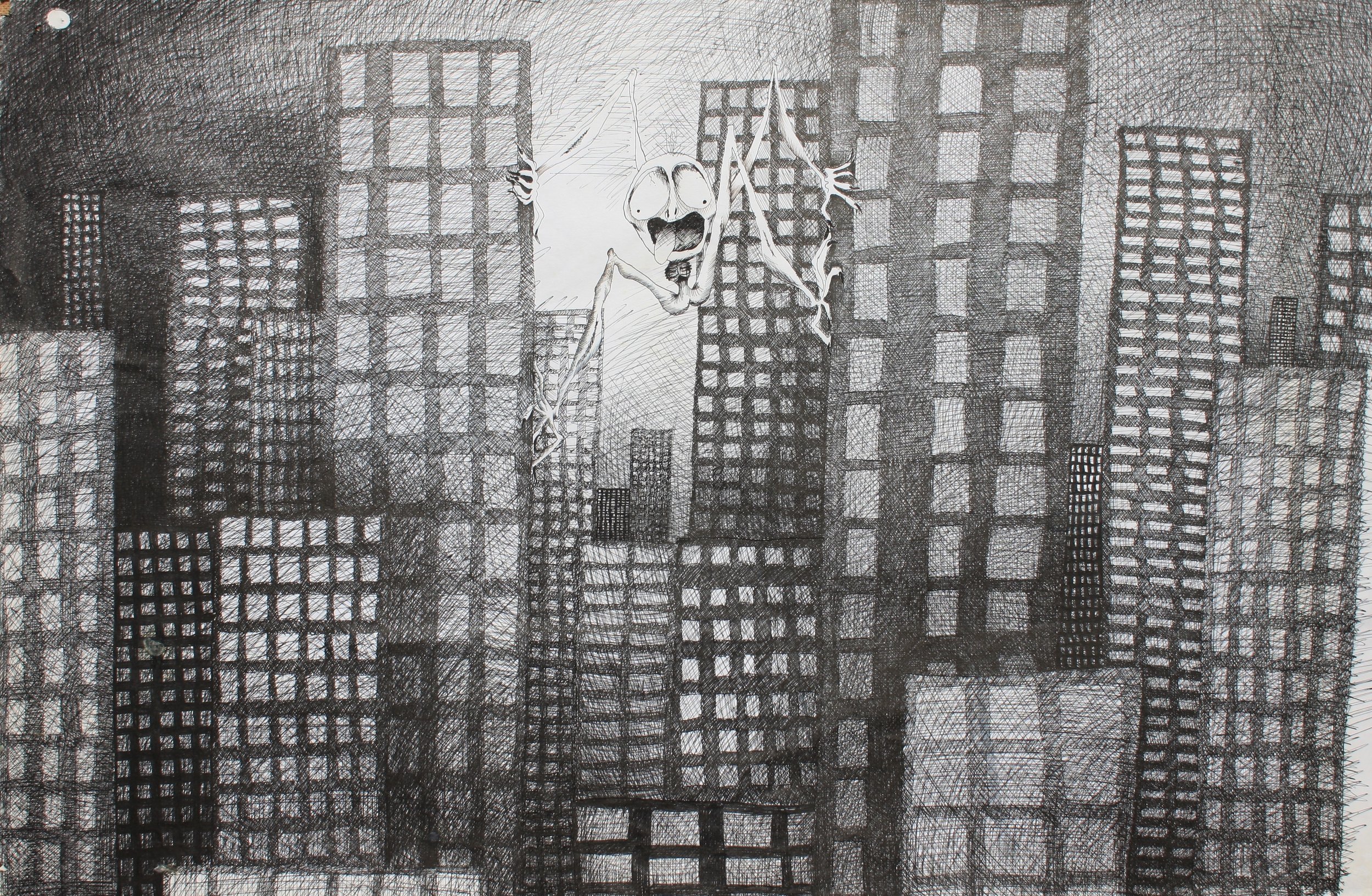 ‘Streets of Fear’ Pen and Ink, 1980. This was one of the first drawings that I did in response to hearing the Ripper’s voice on a recording that was sent to the police. The handwritten letters could be seen on billboards and his voice could be repea
