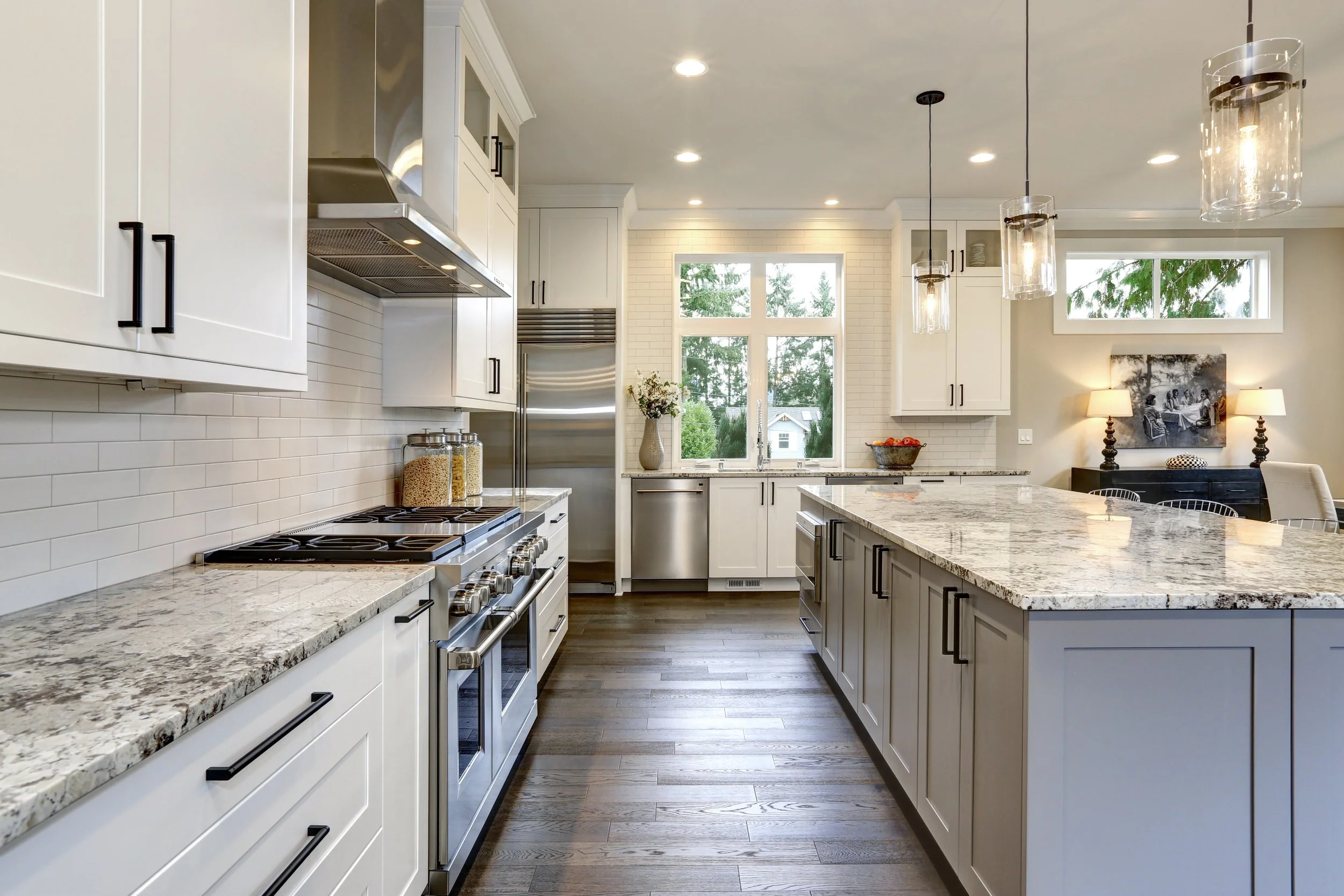 White Kitchen; White granite countertops, White cabinets shaker style, quartz full high backsplash, Denver, Littleton, Aurora, Centennial, Parker, Colorado  