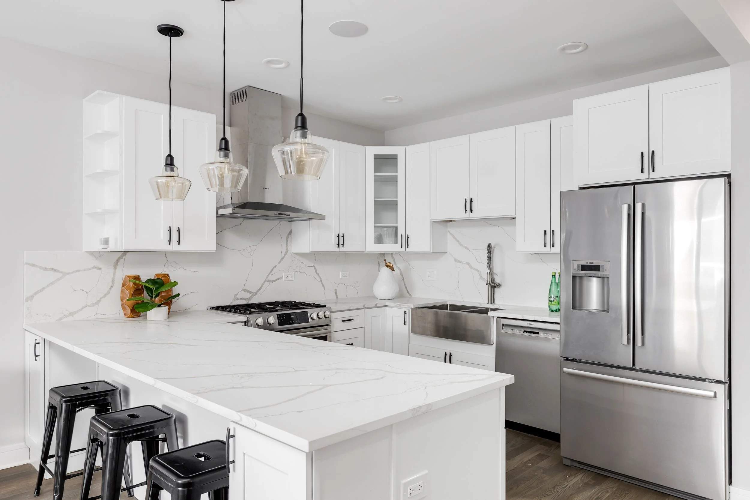 White Kitchen; White quartz countertops, White cabinets shaker style, quartz full high backsplash, Denver, Littleton, Aurora, Centennial, Parker, Colorado  