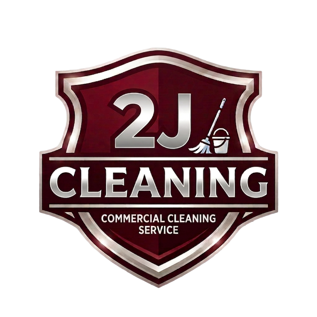 Logo for 2J Cleaning, a commercial cleaning service, featuring a shield shape with red and silver colors, the number '2J' at the top, cleaning tools such as a mop, bucket, and broom on the right side, and the text 'Cleaning' and 'Commercial Cleaning Service' at the bottom.