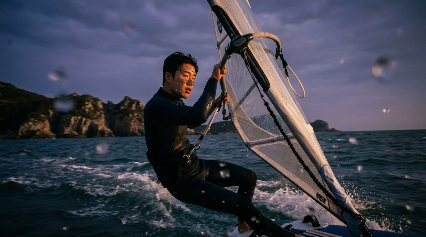 A man windsurfing on the ocean during sunset with rocky islands in the background.