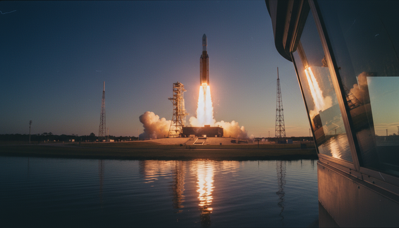 Rocket launching from a space center at sunset, with clouds of smoke and fire, reflected in water, and a building with angled windows on the right side.