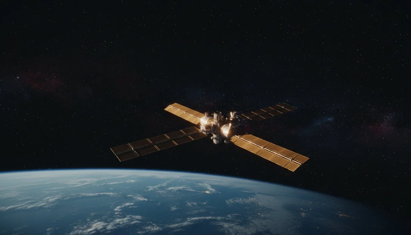 A spacecraft or satellite orbiting Earth with the planet's surface visible and the starry space background.