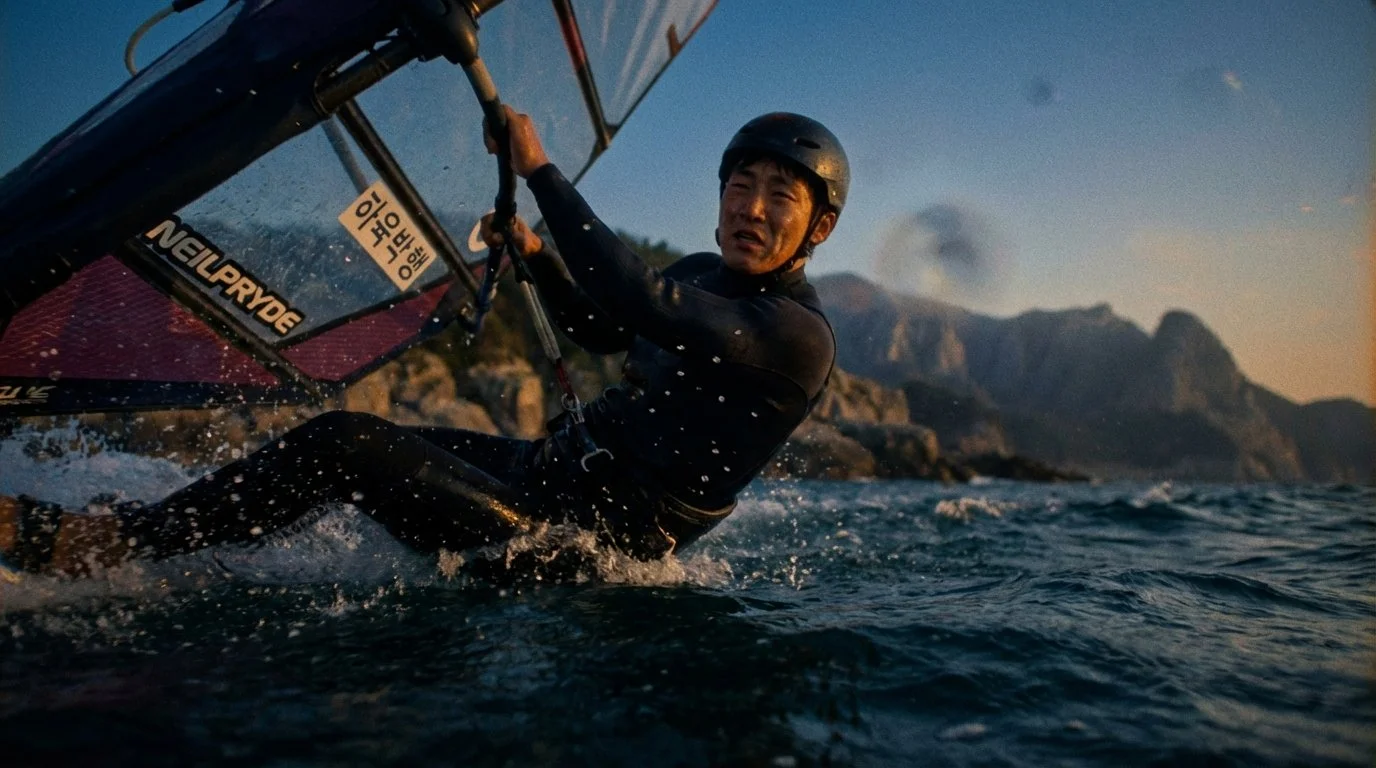 A man windsurfing in the ocean near rocky islands during sunset.