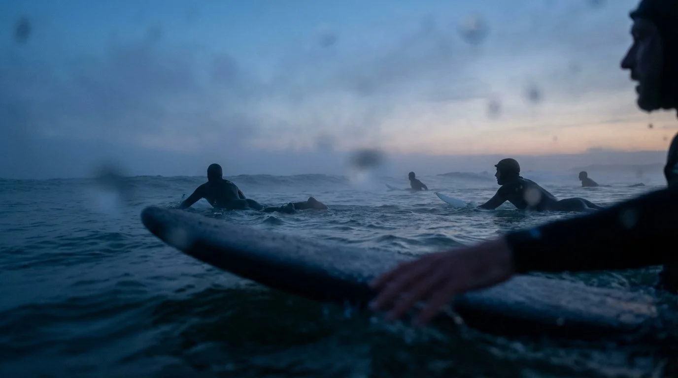 Surfing surfers waiting on their boards in the ocean at dusk.