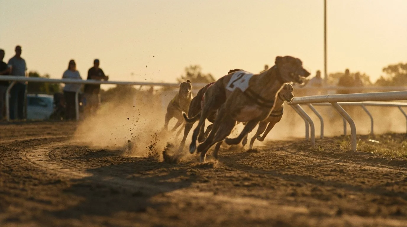 Greyhounds racing on a dirt track at sunset with spectators watching in the background.