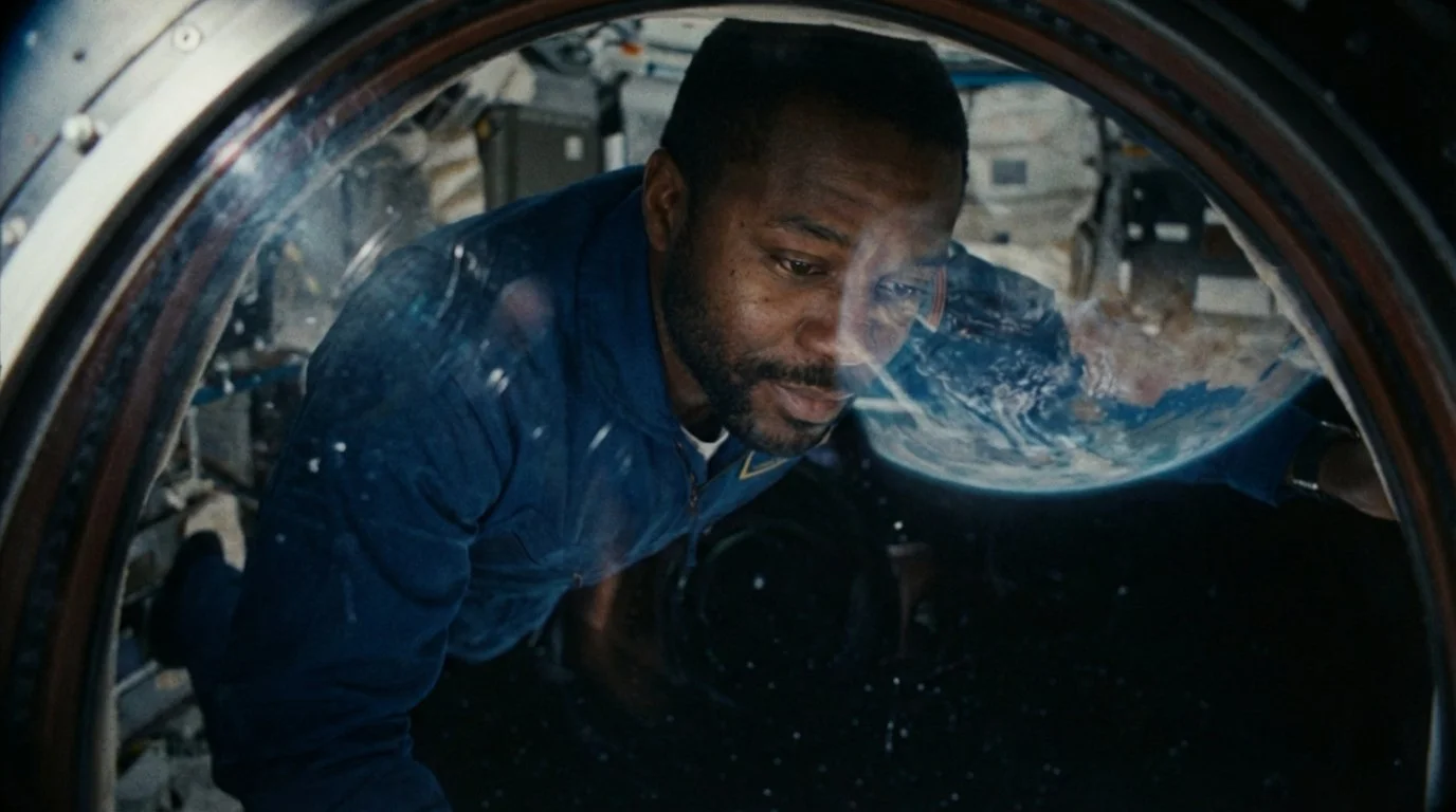 A man in a blue jacket looking into a washing machine, with an image of Earth or the universe reflected on the glass door.