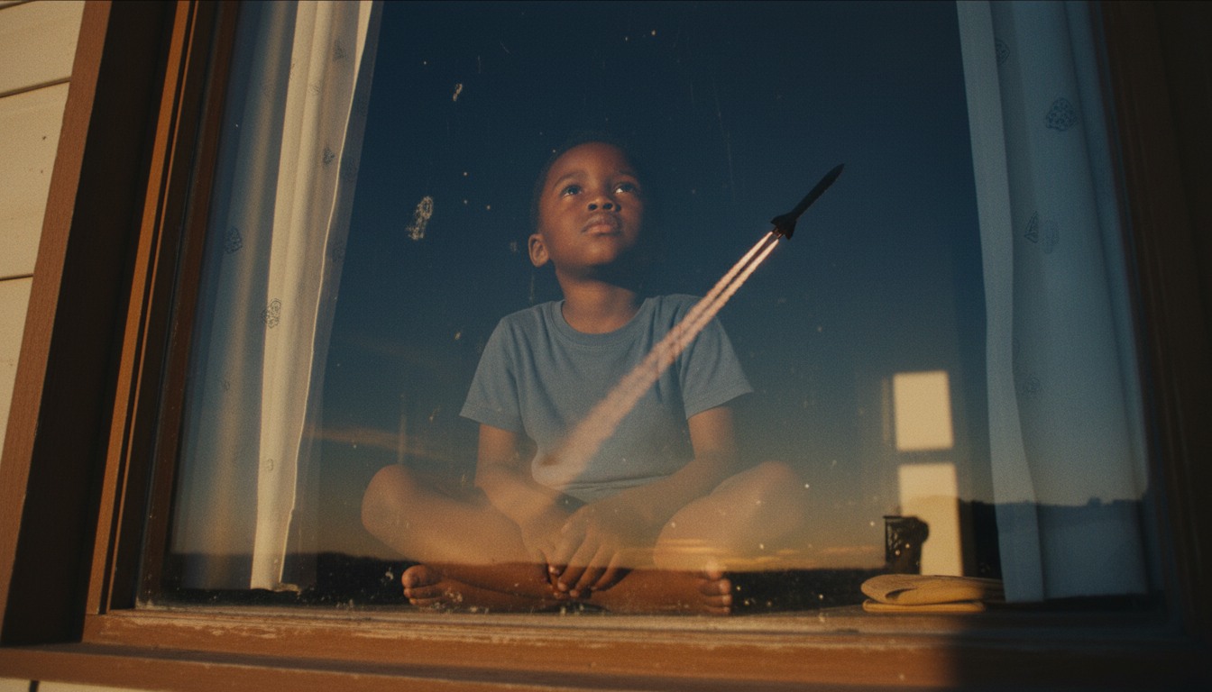 A young boy sitting cross-legged inside by a window, looking up with a rocket-shaped paper plane in front of his face, and a sunset or sunrise sky visible outside.