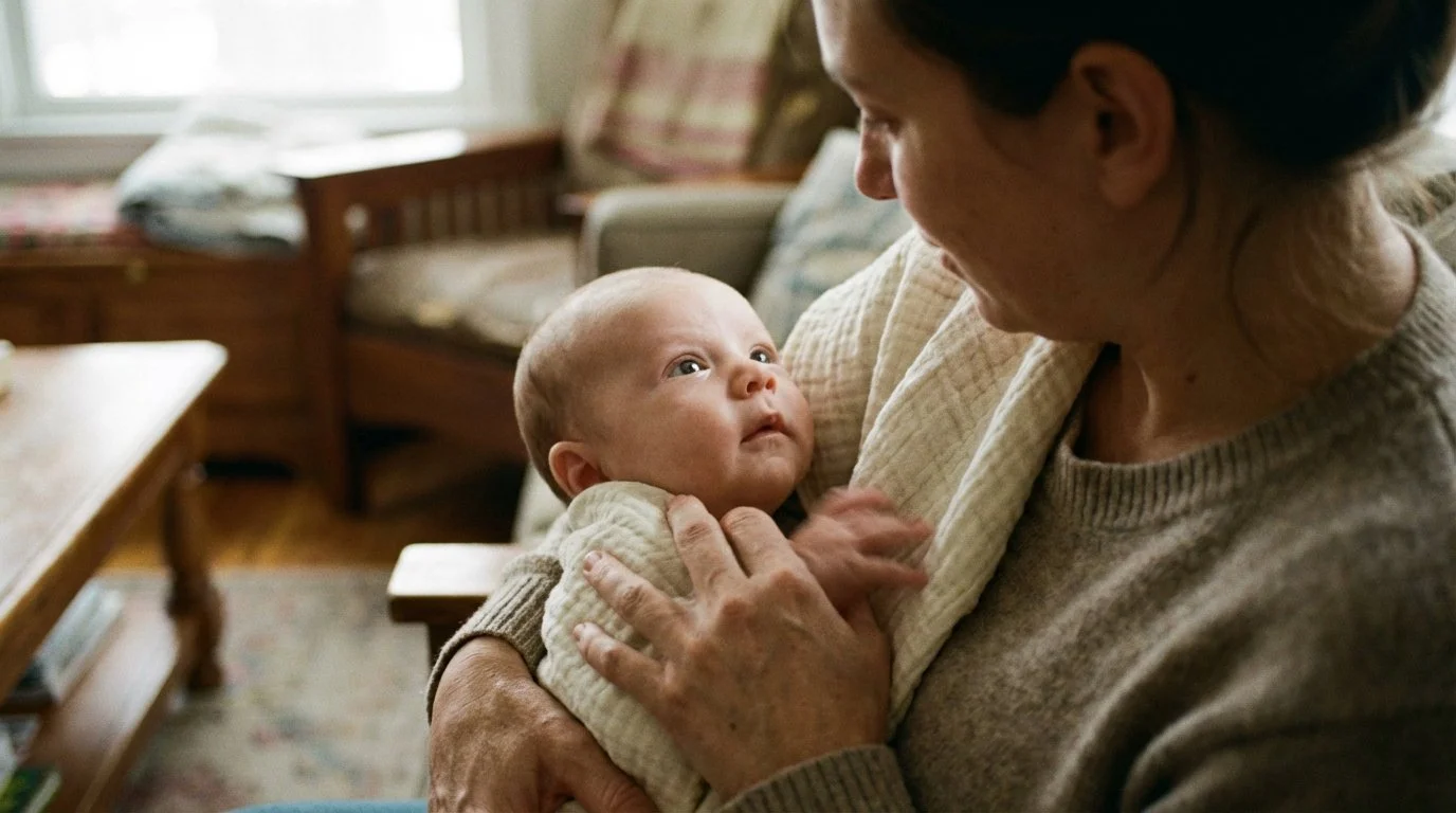 A woman holding a baby and making eye contact indoors.