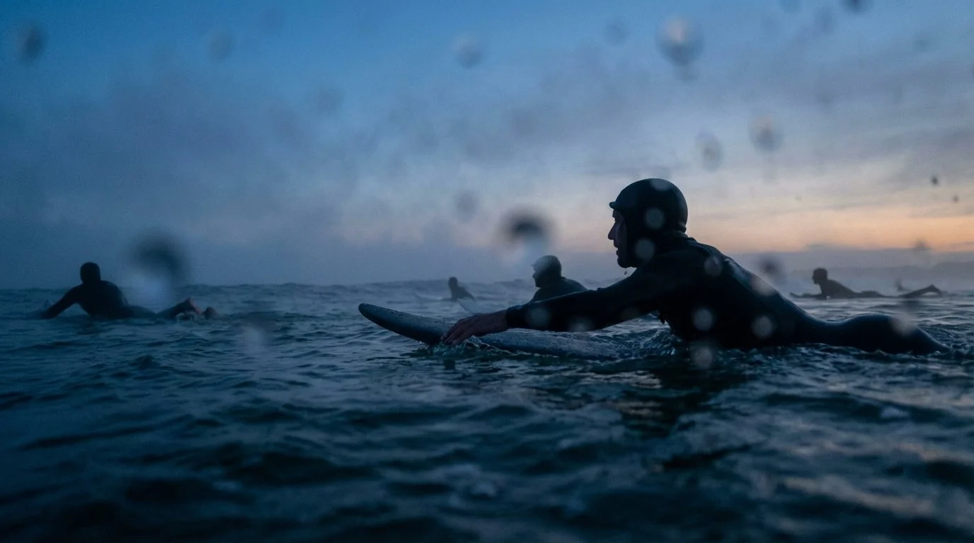 Surfers wearing wetsuits and helmets paddling on surfboards in the ocean during dusk or dawn, with a cloudy sky in the background.