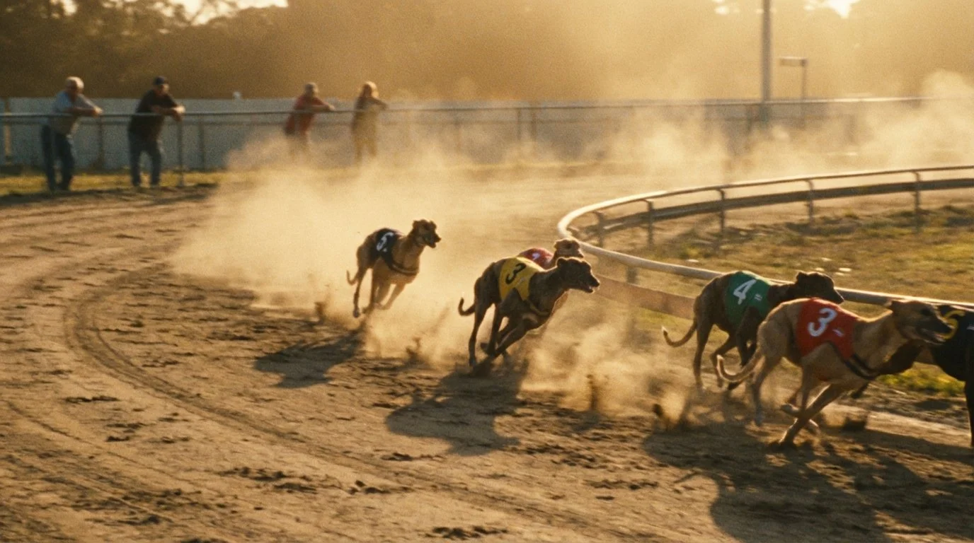 Greyhound race on a dirt track with dust clouds, four dogs wearing numbered racing vests, and spectators watching from behind a fence at sunset.