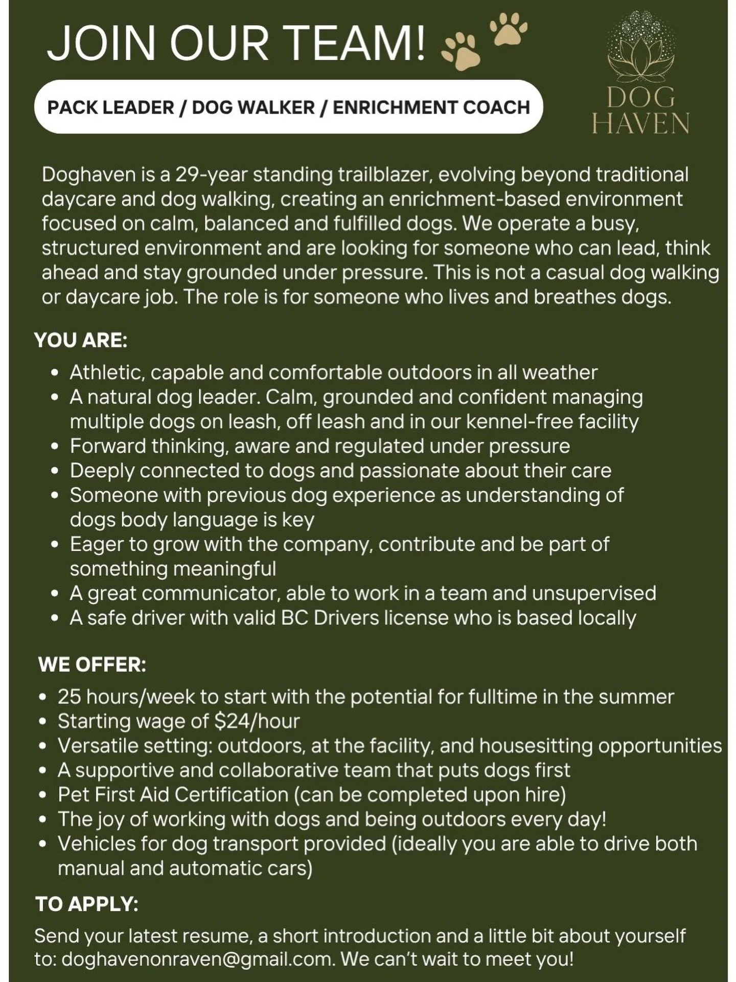 🐾 We&rsquo;re hiring! 🐾
At Doghaven, we do things differently. This isn&rsquo;t your typical dog walking gig - it&rsquo;s structured, enrichment-based care designed to create calm, balanced, and fulfilled dogs.
We&rsquo;re looking for a Pack Leader