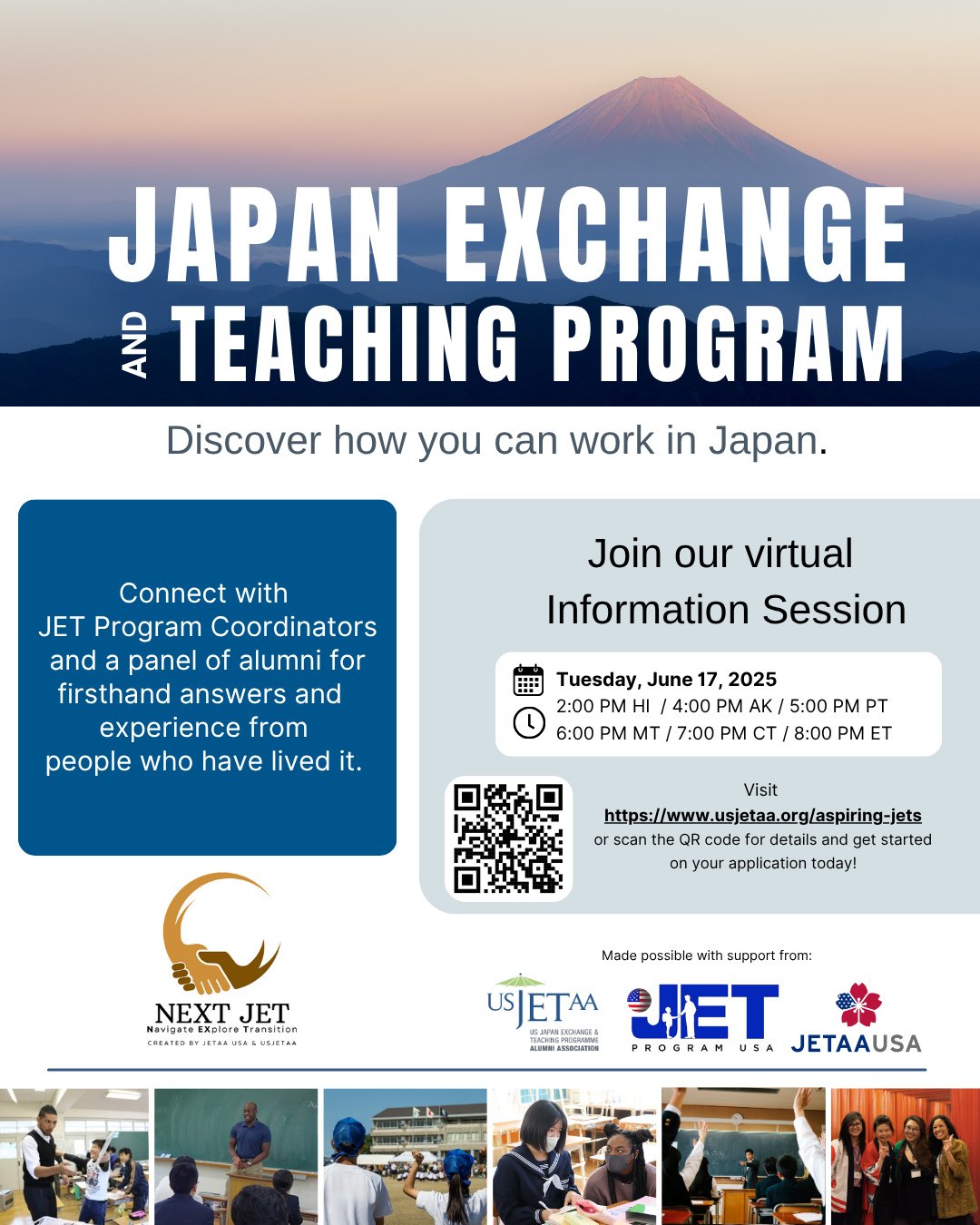 Interested in working in Japan, or know someone who is? ⁠
⁠
Join our virtual info session on June 17th to have your questions about working in Japan through the JET Program answered. JET alumni will discuss their experiences and a JET Program Coordin