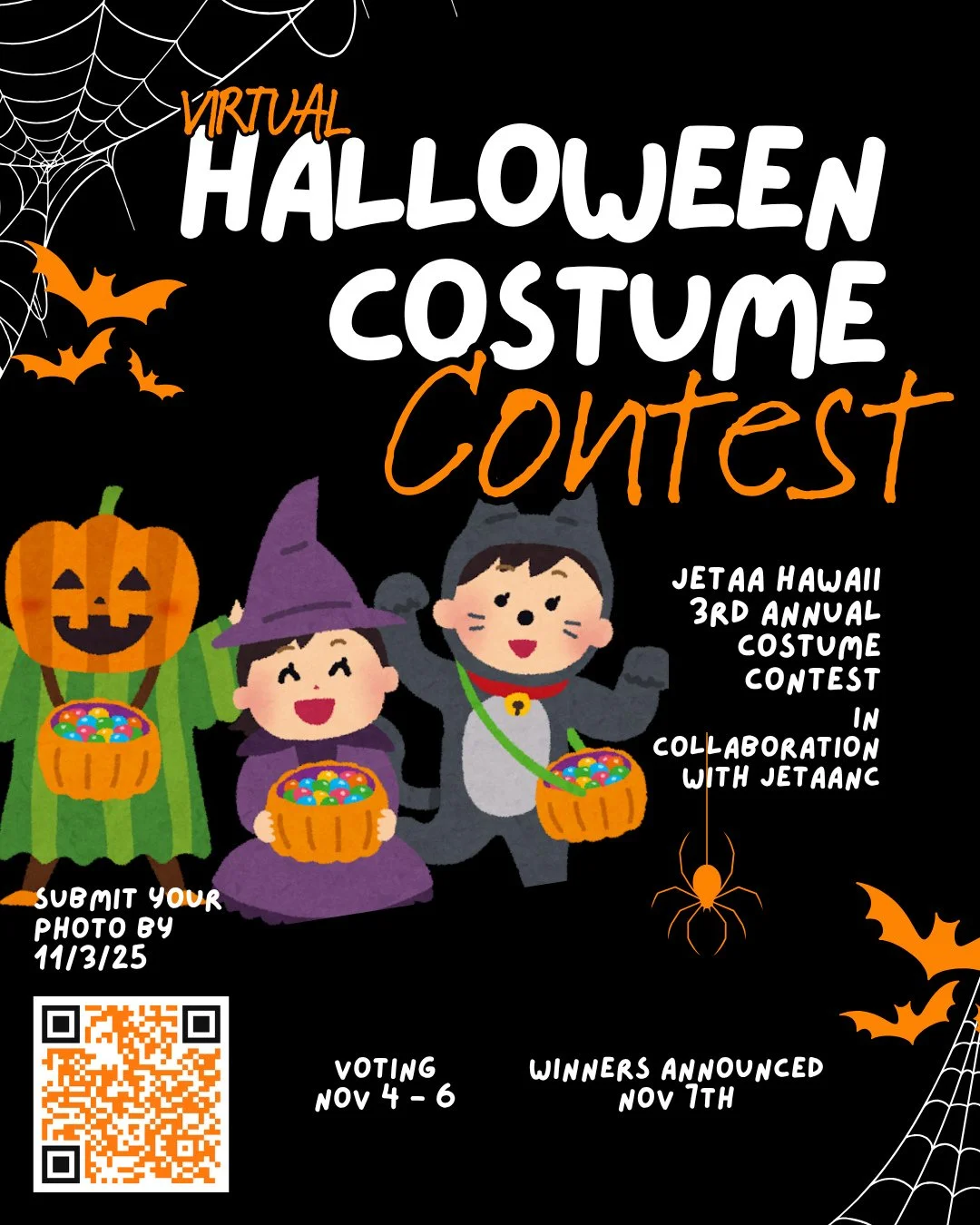 Open to all JETs (and friends) who wish to join in the fun! 👻 Halloween is here, and JETAA Hawaiʻi is hosting the 3rd Annual Halloween Costume Contest in collaboration with JETAANC! (Online event)⁠
⁠
🎃Show off your creativity. Whether it&rsquo;s cu