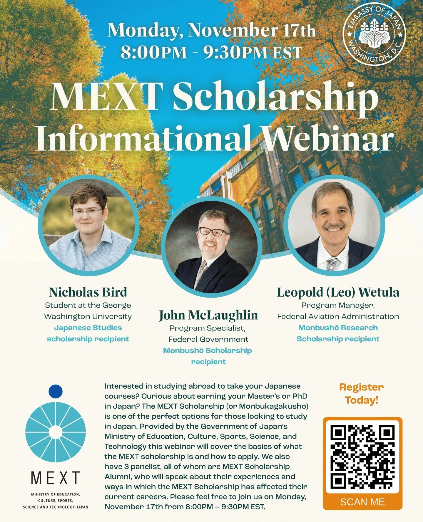 🗾 🎓️ Many JETs and alumni are exploring options to earn their Master&rsquo;s or PhD in Japan. if this sounds like you, then you should definitely join this webinar on the evening of Nov 17th to learn about the MEXT Scholarship or Monbukagakusho.⁠
⁠