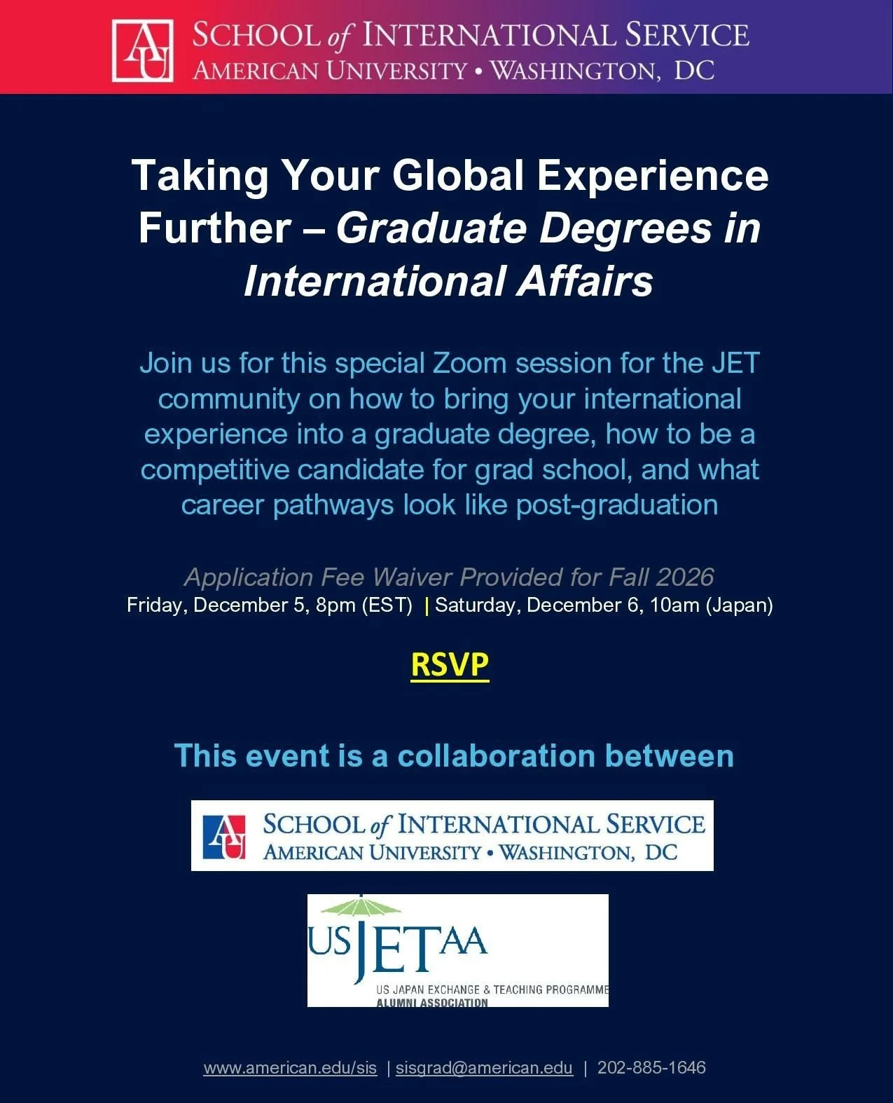 📢Last reminder!!!⁠
⁠
Join American University and USJETAA for a virtual info session created exclusively for JETs. 🎉 Learn about AU&rsquo;s graduate programs at the School of International Service and get your questions answered by AU staff and JET