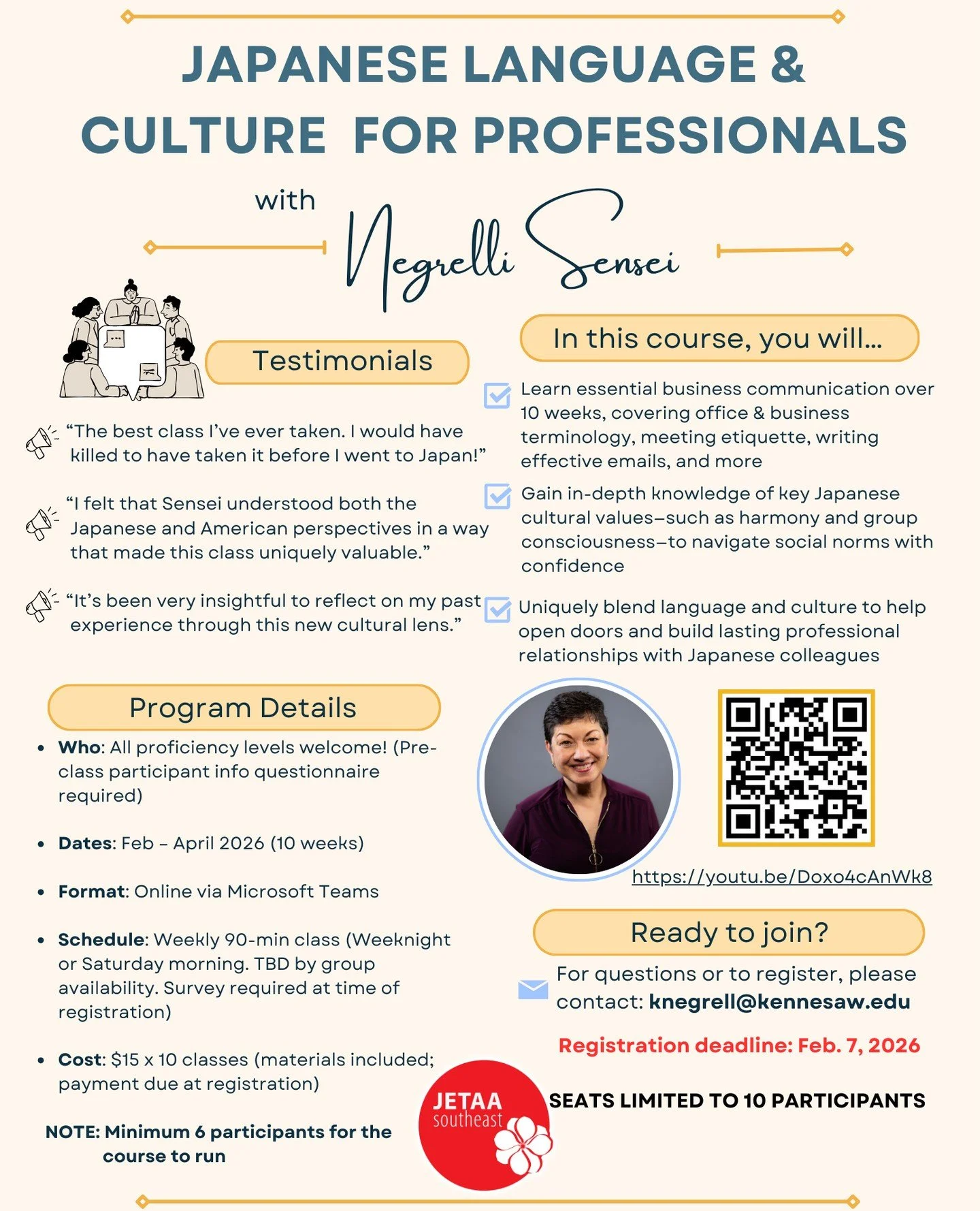 Looking to strengthen your professional Japanese communication skills and cultural fluency? @JETAASE is offering Japanese Language &amp; Culture for Professionals, a 10-week online course led by Negrelli-sensei, designed for learners at all proficien