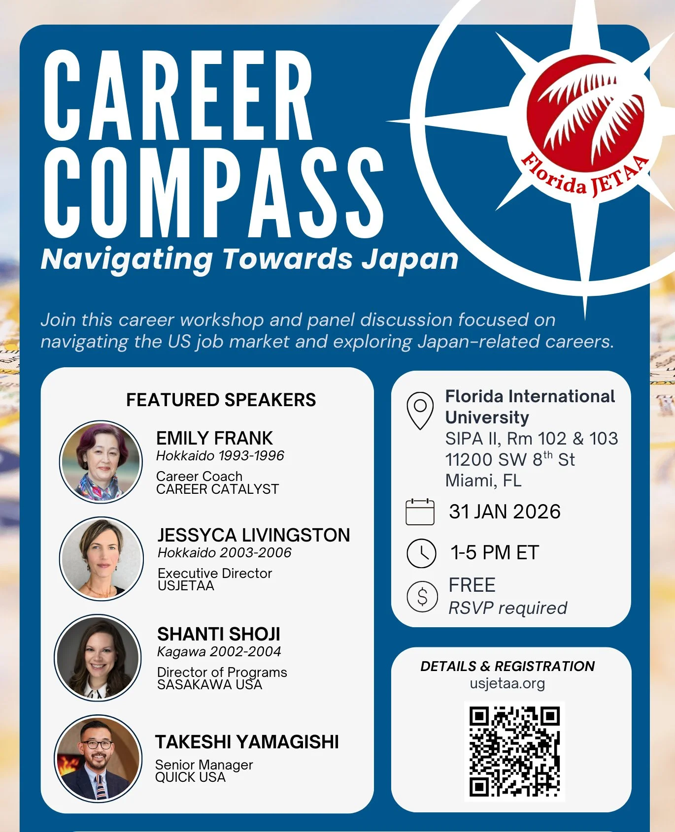 Just one week away ➡️ Join USJETAA and Florida JETAA on January 31 for an in-person career workshop and panel discussion designed to help you navigate the U.S. job market while exploring Japan-related career paths.⁠
⁠
Hear directly from an incredible