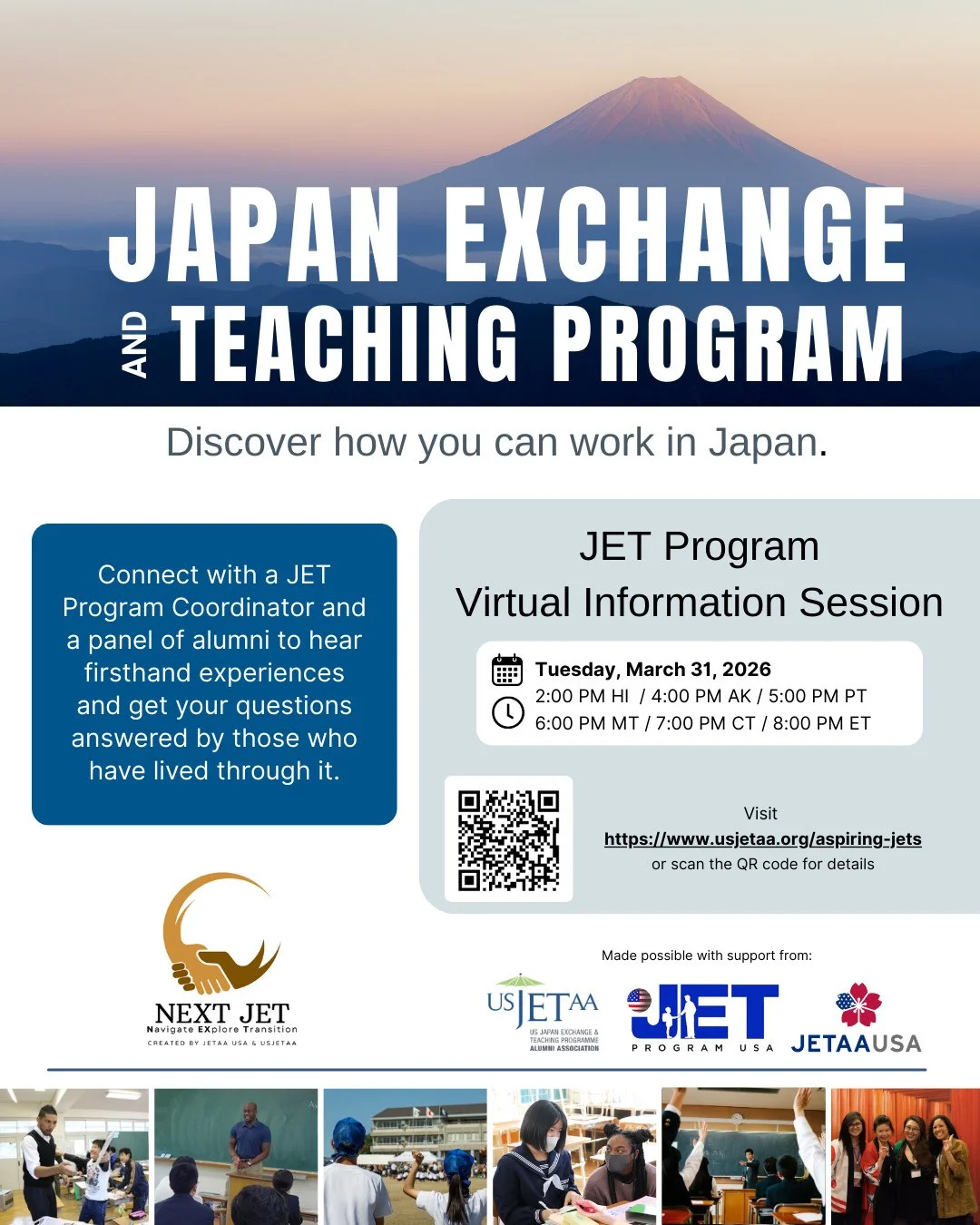 That time of year is here again! Know someone interested in the JET Program? Send this post to them 📌⁠
⁠
USJETAA is hosting a free virtual JET Info Session on March 31, 2026!⁠
⁠
During this session, you&rsquo;ll hear:⁠
&bull; Firsthand experiences f