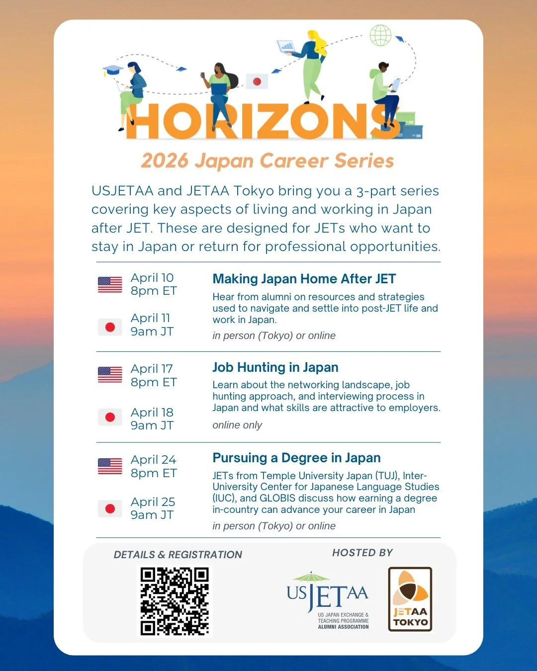 In collaboration with JETAA Tokyo, we&rsquo;re excited to host a three-part discussion for JET alumni interested in building their next chapter in Japan.

This series will explore key topics for living and working in Japan after JET, including:
✨ Mak