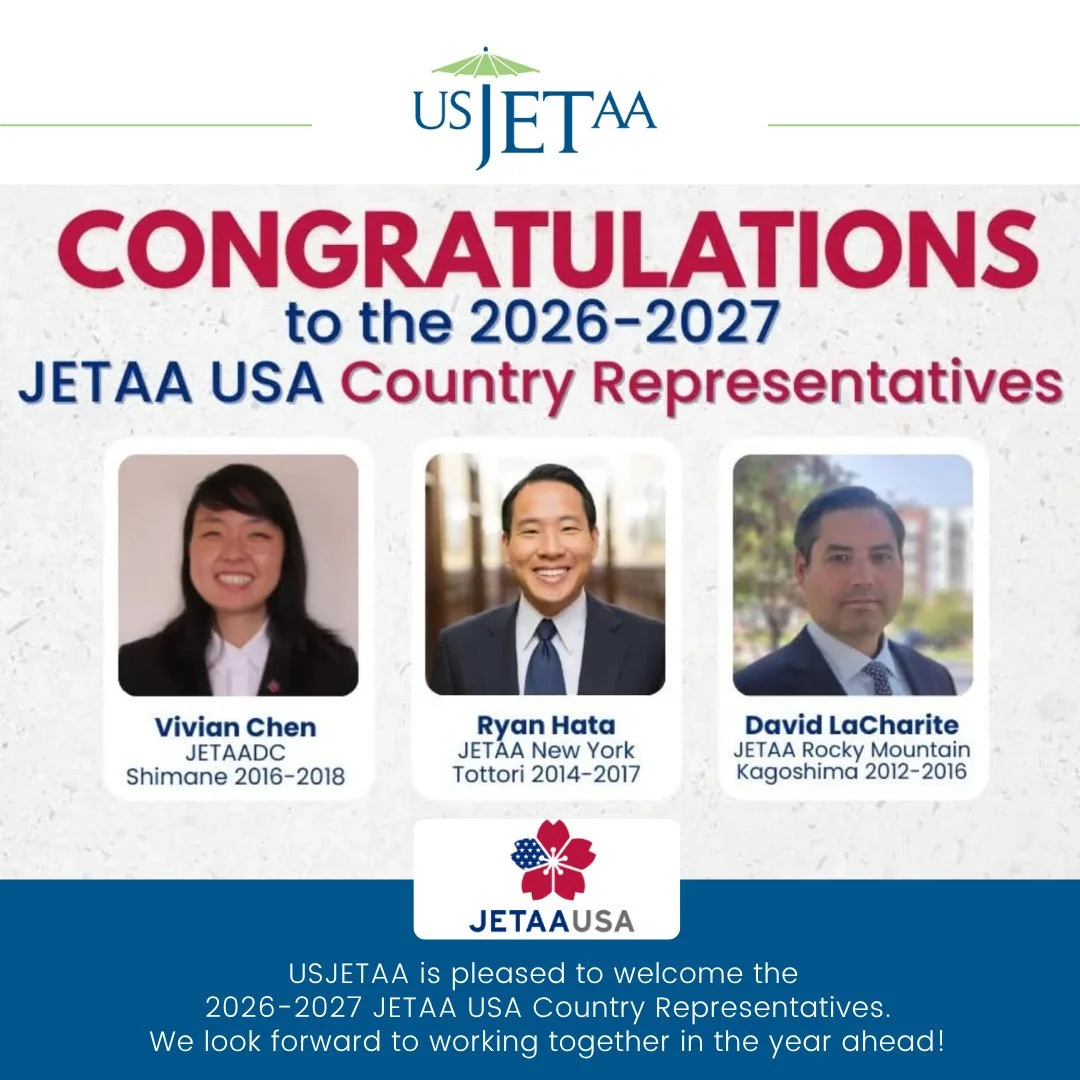 🌸 USJETAA is thrilled to welcome the 2026-2027 Country Representatives for JETAA USA: Vivian Chen of JETAA DC (Shimane, 2016-2018), Ryan Hata of JETAA NY (Tottori, 2014-2017), and David LaCharite of JETAA Rocky Mountain (Kagoshima, 2012-2016).⁠
⁠
Th