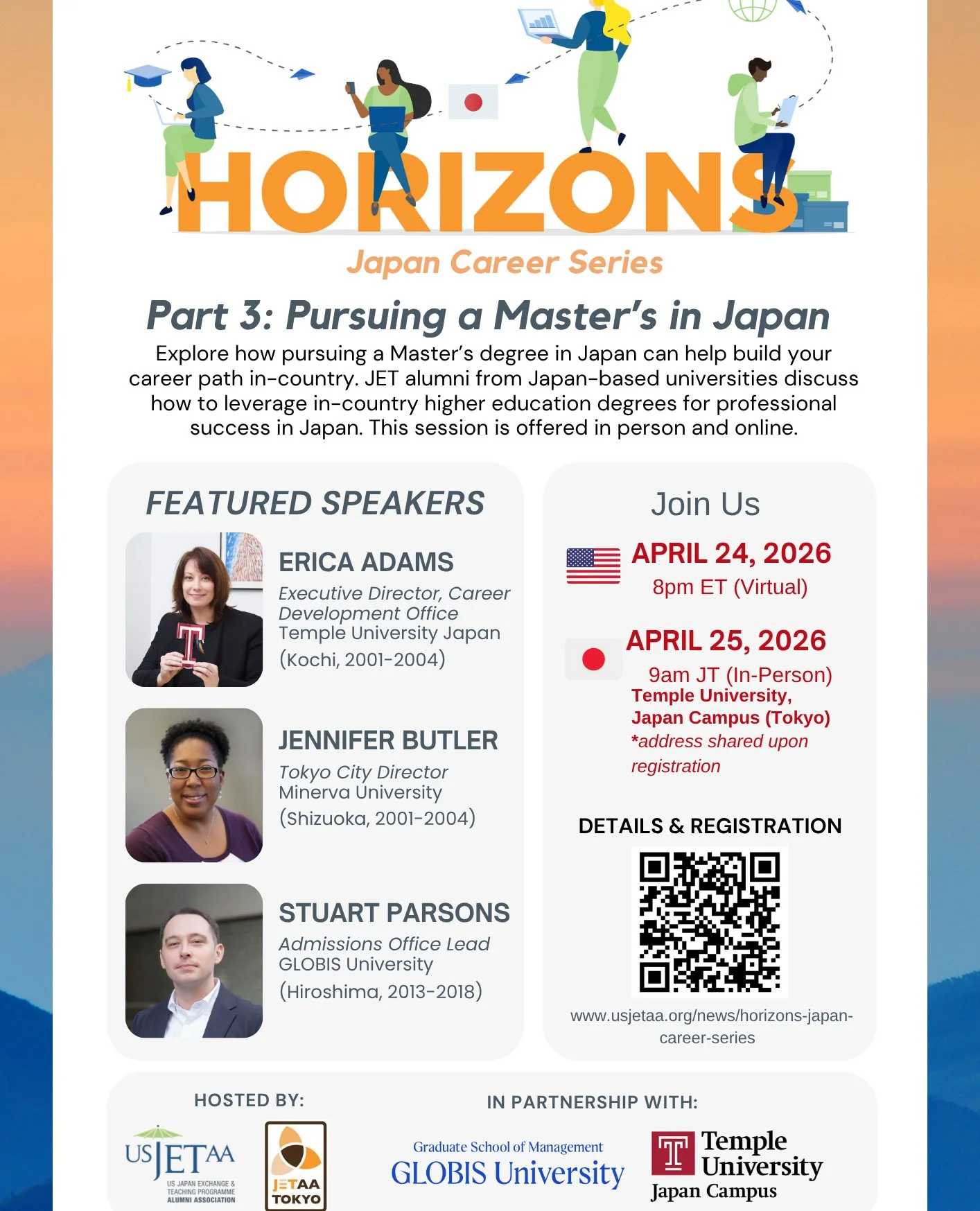 ⏰ Last Call! Thinking about grad school in Japan?⁠
⁠
Join us for Part 3: Pursuing a Master&rsquo;s in Japan. Hear from JET alumni and university reps on how studying in Japan can shape your career. ✨⁠
⁠
📅 US: April 24 @ 8 PM ET⁠
📅 JP: April 25 @ 9 