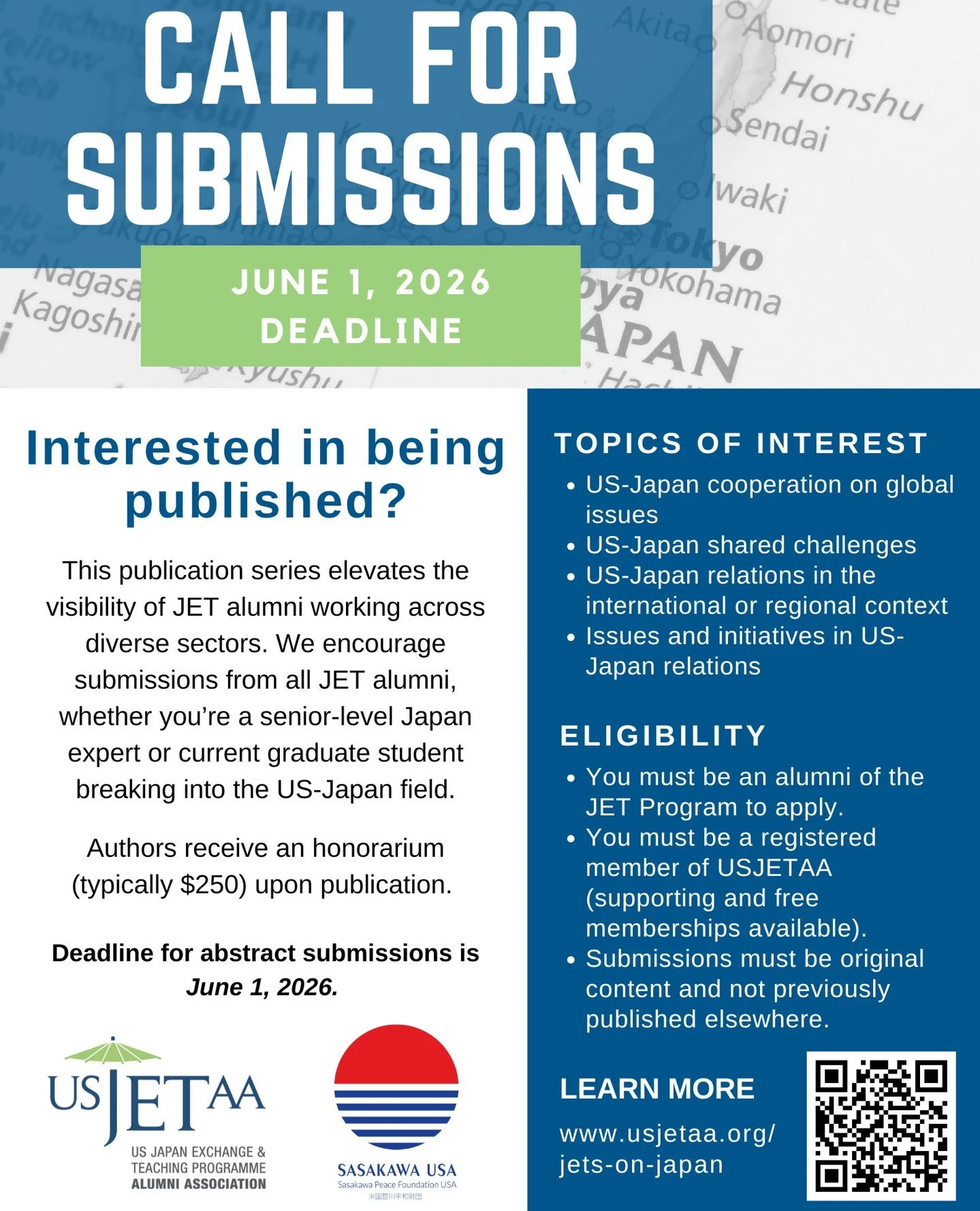 ✍️ Open to all US JET alumni! ⁠
⁠
Do you have insights on U.S.-Japan relations? Are you looking to share those in a publication? ⁠
⁠
Abstract submissions are now open for JETs on Japan, a publication series by USJETAA in partnership with the Sasakawa