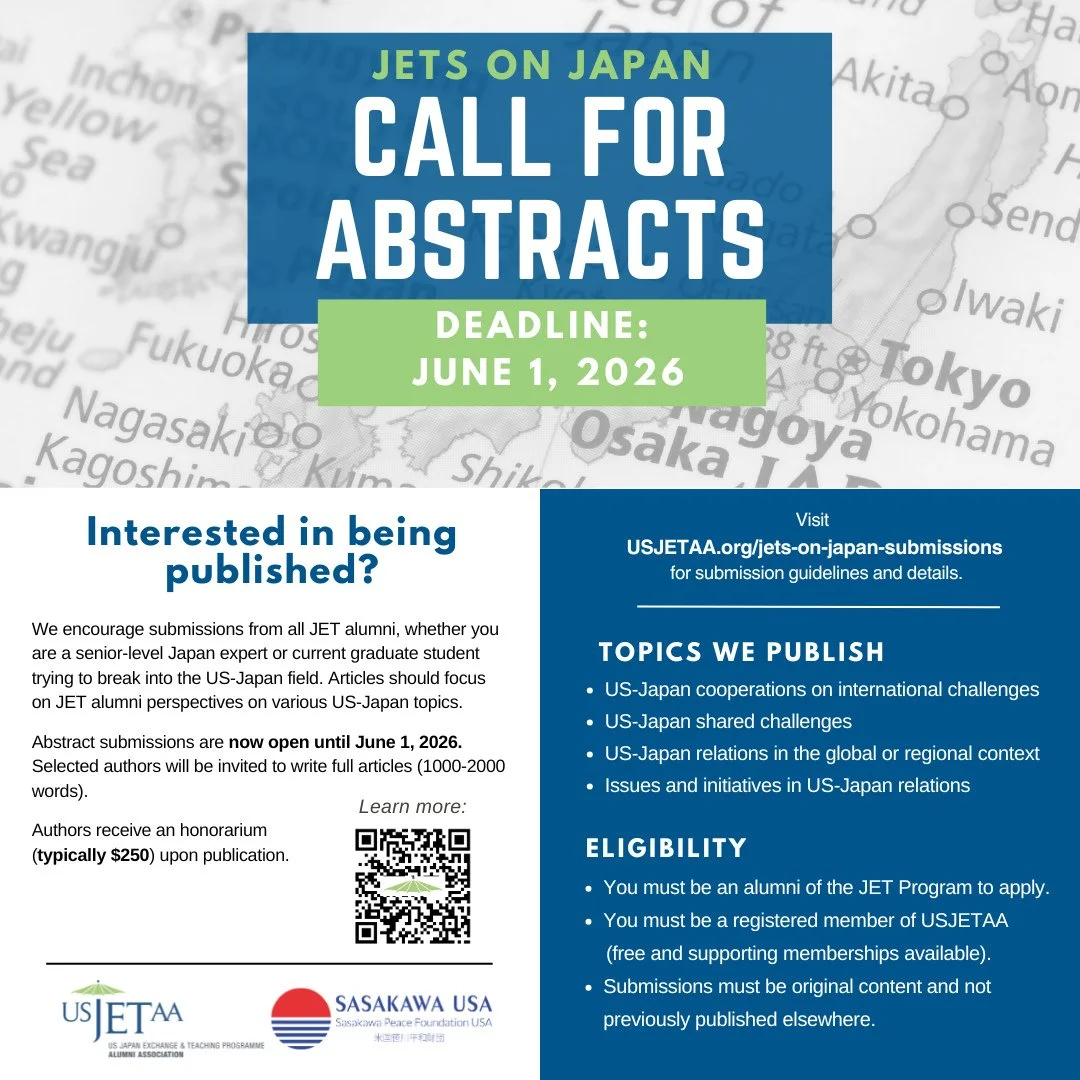 ✍️Don't forget to submit to JETs on Japan! (Open to all US JET alumni) ⁠
⁠
Abstract submissions are open until June 1st. Topics can include areas like AI, trade, social issues, and more. ⁠
⁠
Learn more and submit through the link in our bio!⁠
⁠
#USJE