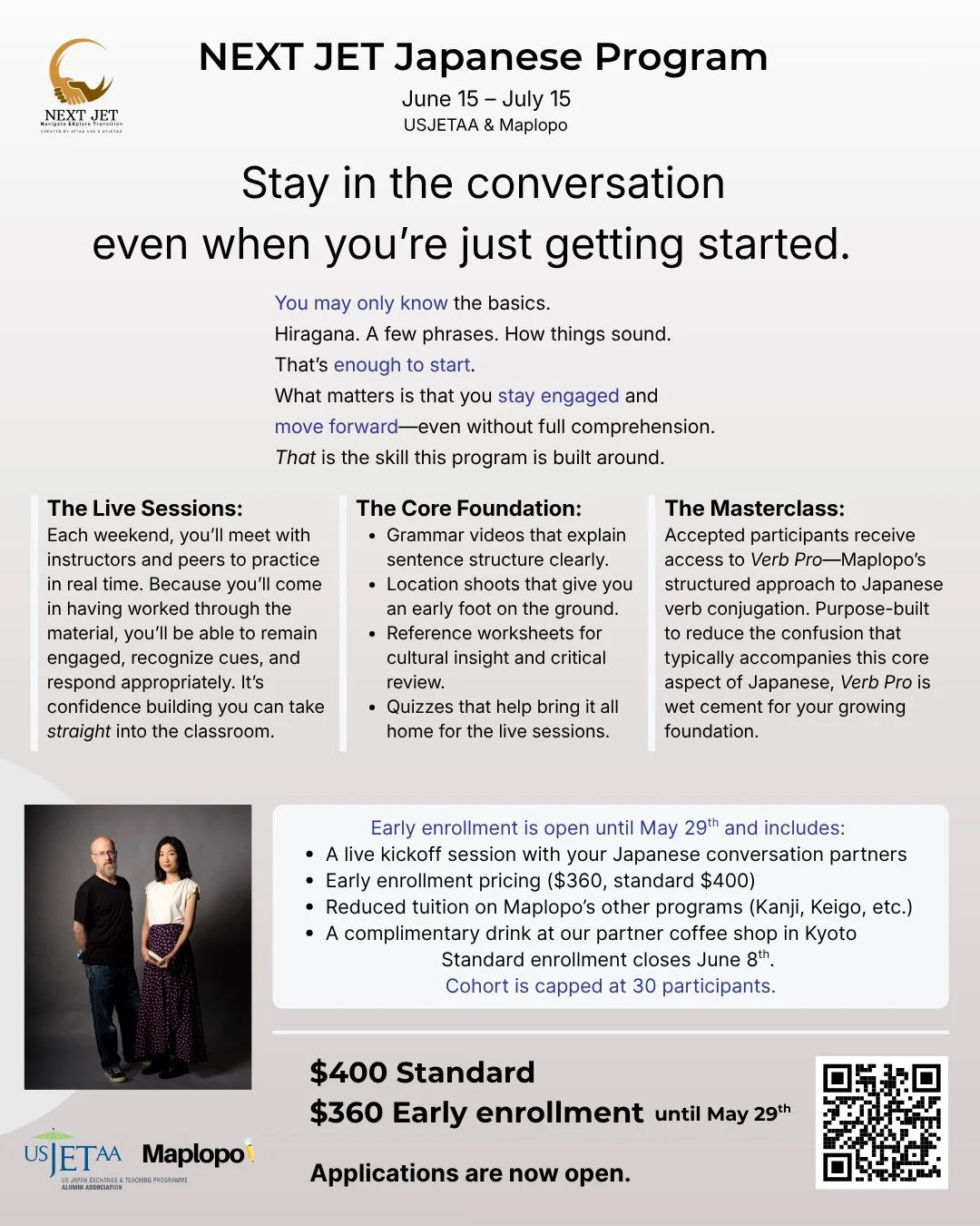 🔔 A reminder to all departing JETs (Kohai) in our NEXT JET Mentorship program that this is the last week to get early bird pricing on the Japanese for Beginners being offered through our wonderful partners, Doc &amp; Reiko, at Maplopo. ⁠
⁠
This cour