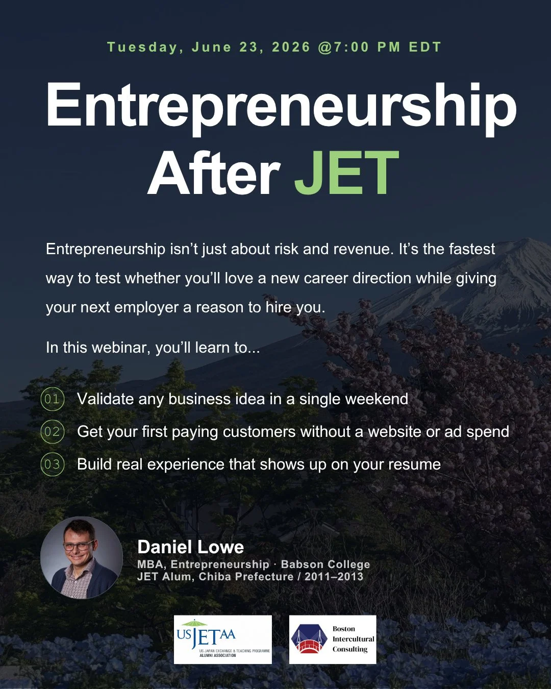 💡 Curious about entrepreneurship after JET?⁠
⁠
Join USJETAA for a 90-minute webinar with JET alum Daniel Lowe (Chiba, 2011&ndash;2013), founder of Boston Intercultural Consulting and JapaneseCircle.com, to explore how freelancing, side projects, and