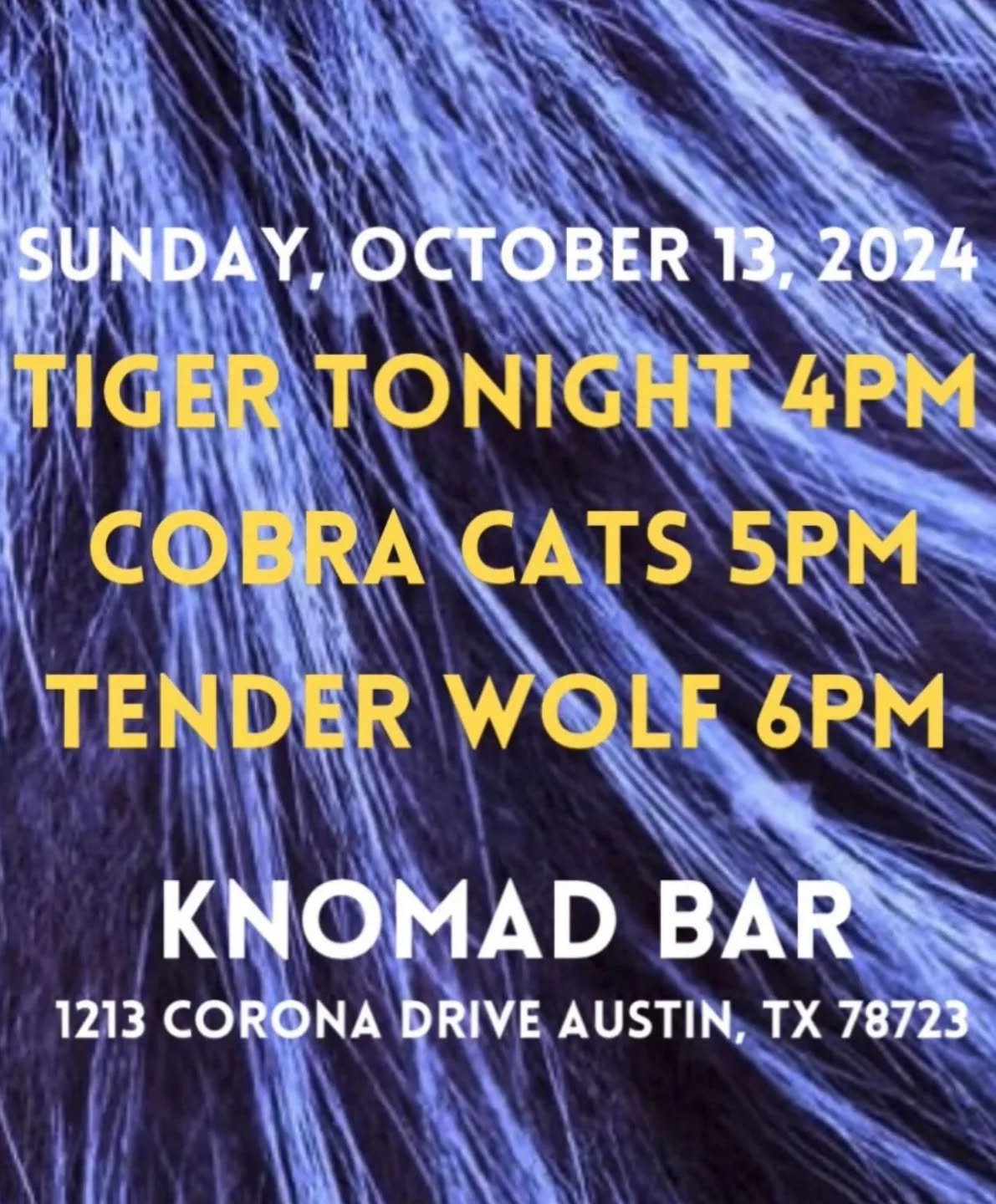 🐈 🐺 Feline / Lupine night at @knomadbar. Let's howl and growl with the best of 'em. Sunday Oct 13 with pals @cobra_cats and @tigertonighttx