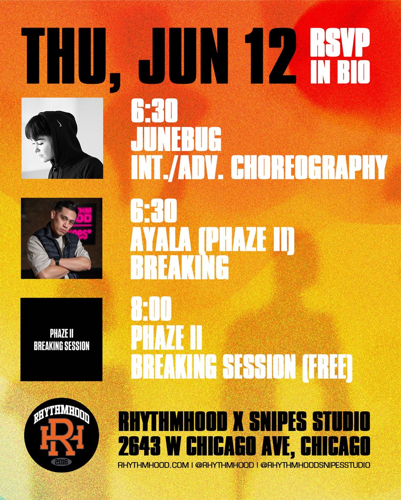 INT./ADV. CHOREO w/ @junebug.344 

BREAKING w/ @ayalaphaze2 6:30 PM

PHAZE II OPEN BREAKING SESSION 8 PM (FREE)

📍: 2643 W Chicago Ave, Chicago, IL 60622 (2nd Floor, Above REPS gym)

Register at rhythmhood.com LINK IN BIO or In Person
&mdash;&mdash;