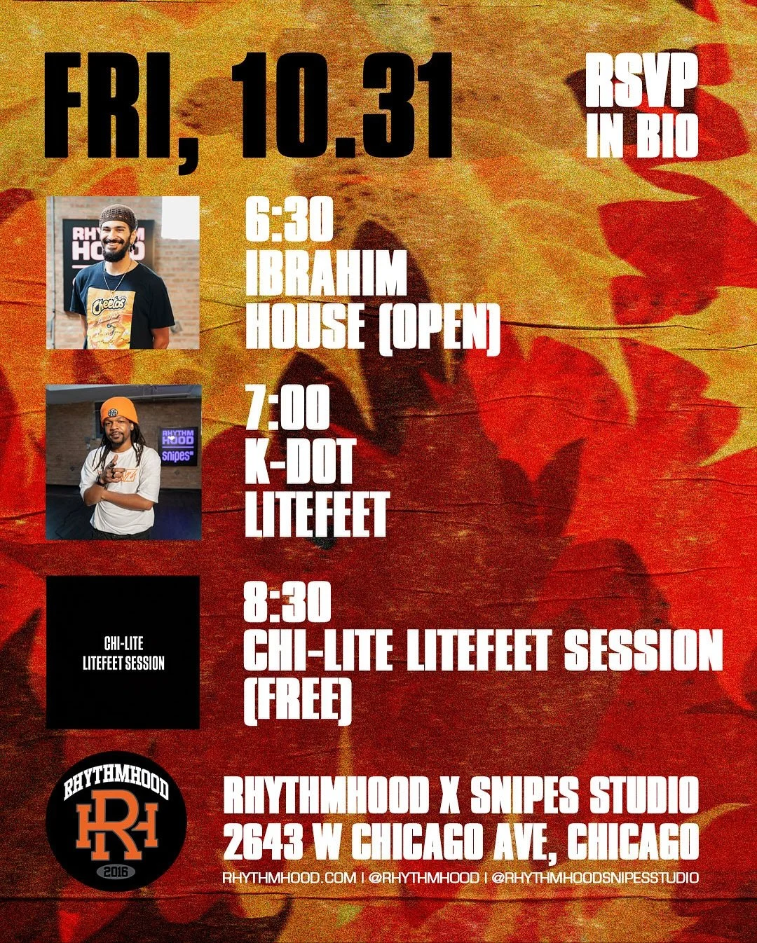 HOUSE (Open) w/ @ibrrraaah 6:30 PM

LITEFEET w/ @_kdotofficial_ 7 PM

COMMUNITY THINGS: DISCO &amp; FUNK EDITION
(RSVP LINK IN BIO)

📍: 2643 W Chicago Ave, Chicago, IL 60622 (2nd Floor, Above REPS gym)

Register at rhythmhood.com LINK IN BIO or In P