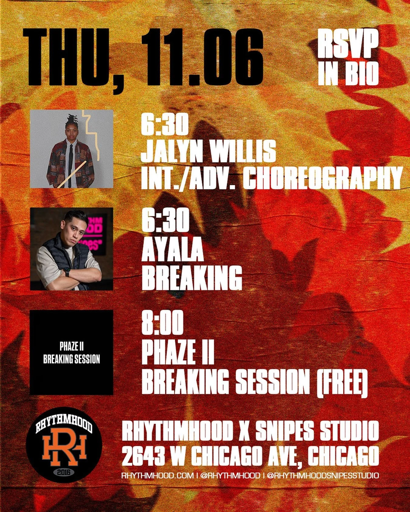 INT./ADV. CHOREO w/ @jalyn_j4 6:30 PM

BREAKING w/ @ayalaphaze2 6:30 PM

PHAZE II OPEN BREAKING SESSION 8 PM

📍: 2643 W Chicago Ave, Chicago, IL 60622 (2nd Floor, Above REPS gym)

Register at rhythmhood.com LINK IN BIO or In Person
&mdash;&mdash;&md
