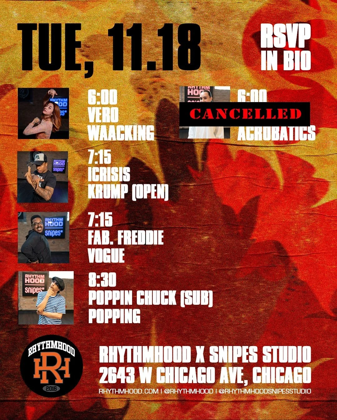 WAACKING w/ @verosan_d.instinct @theleecollective 6 PM
(EMBODY WORKSHOP SERIES. REGISTER LINK IN BIO)

VOGUE w/ @fabulous_freddie_007 @theleecollective 7:15 PM
(EMBODY WORKSHOP SERIES. REGISTER LINK IN BIO)

ACROBATICS (CANCELLED)

KRUMP w/ @dion_is_