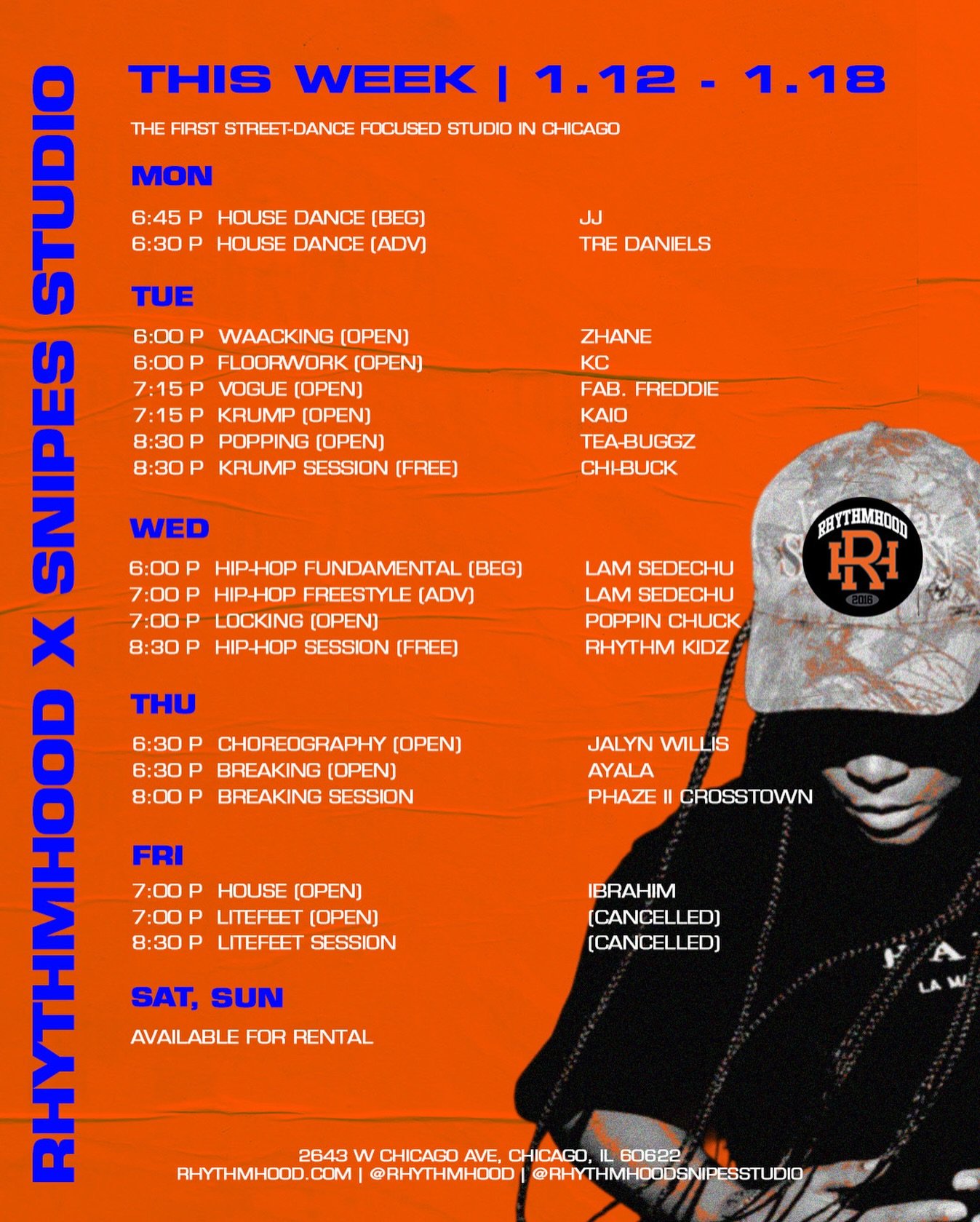 RHYTHMHOOD X SNIPES STUDIO SCHEDULE | 1.12 - 1.18
@rhythmhoodsnipesstudio 

REGISTER FOR THIS WEEK&rsquo;S CLASSES NOW! VISIT RHYTHMHOOD.COM or VISIT THE LINK IN BIO TO SIGN UP!

MONTHLY MEMBERSHIPS AVAILABLE NOW!