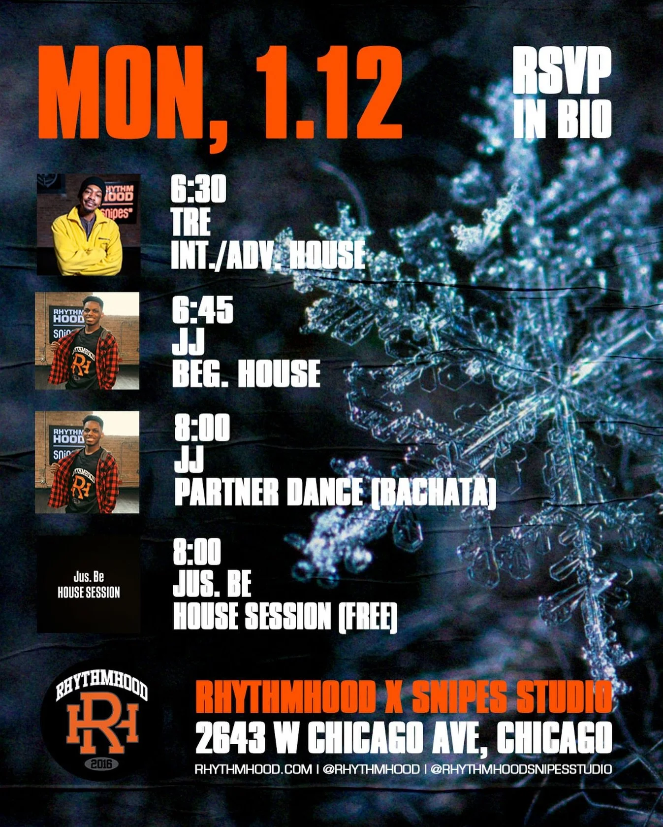 HOUSE (Int./Adv.) w/ @tre_daniels_ 6:30 PM

HOUSE (Beg.) w/ @jay_a1 6:45 PM
(WEEK 6 of BEGINNER PROGRAM!)

PARTNER DANCE w/ @jay_a1 8 PM

JUS BE. HOUSE SESSION @jus.be.house 8 PM

📍: 2643 W Chicago Ave, Chicago, IL 60622 (2nd Floor, Above REPS gym)
