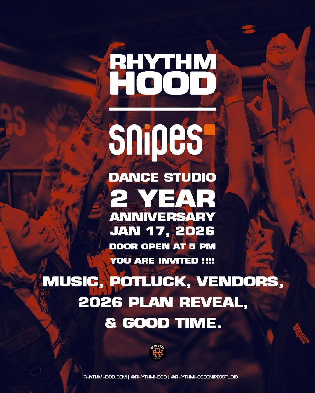 RHYTHMHOODxSNIPES STUDIO 2 YEAR ANNIVERSARY! 🎂🎉

Join us on TODAY, JANUARY 17TH, 2026 for a fun filled evening of music, food, &amp; community!

POTLUCK!
VENDORS!
RANDOMIZED EXHIBITIONS!

DOORS OPEN @ 5 PM
LOCATION: @rhythmhoodsnipesstudio 
COST?: 