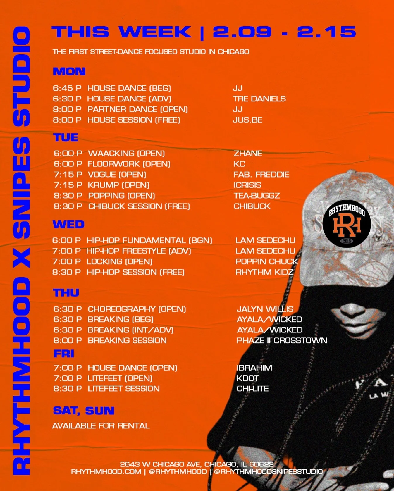 RHYTHMHOOD X SNIPES STUDIO SCHEDULE | 2.09 - 2.15
@rhythmhoodsnipesstudio 

REGISTER FOR THIS WEEK&rsquo;S CLASSES NOW! VISIT RHYTHMHOOD.COM or VISIT THE LINK IN BIO TO SIGN UP!

MONTHLY MEMBERSHIPS AVAILABLE NOW!
