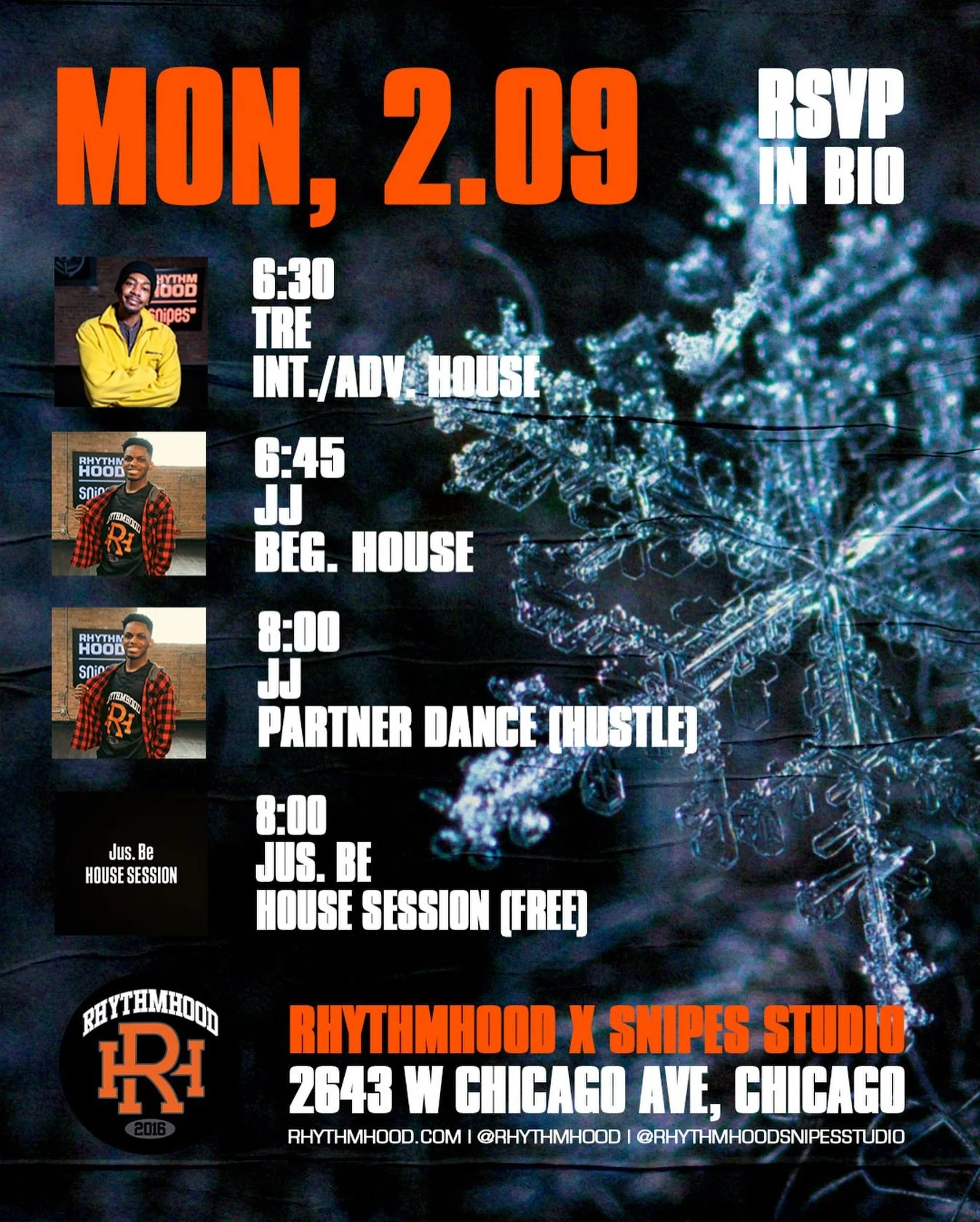 HOUSE (Int./Adv.) w/ @tre_daniels_ 6:30 PM

HOUSE (Beg.) w/ @jay_a1 6:45 PM
(WEEK 9 of BEGINNER PROGRAM!)

PARTNER DANCE w/ @jay_a1 8 PM

JUS BE. HOUSE SESSION @jus.be.house 8 PM

📍: 2643 W Chicago Ave, Chicago, IL 60622 (2nd Floor, Above REPS gym)
