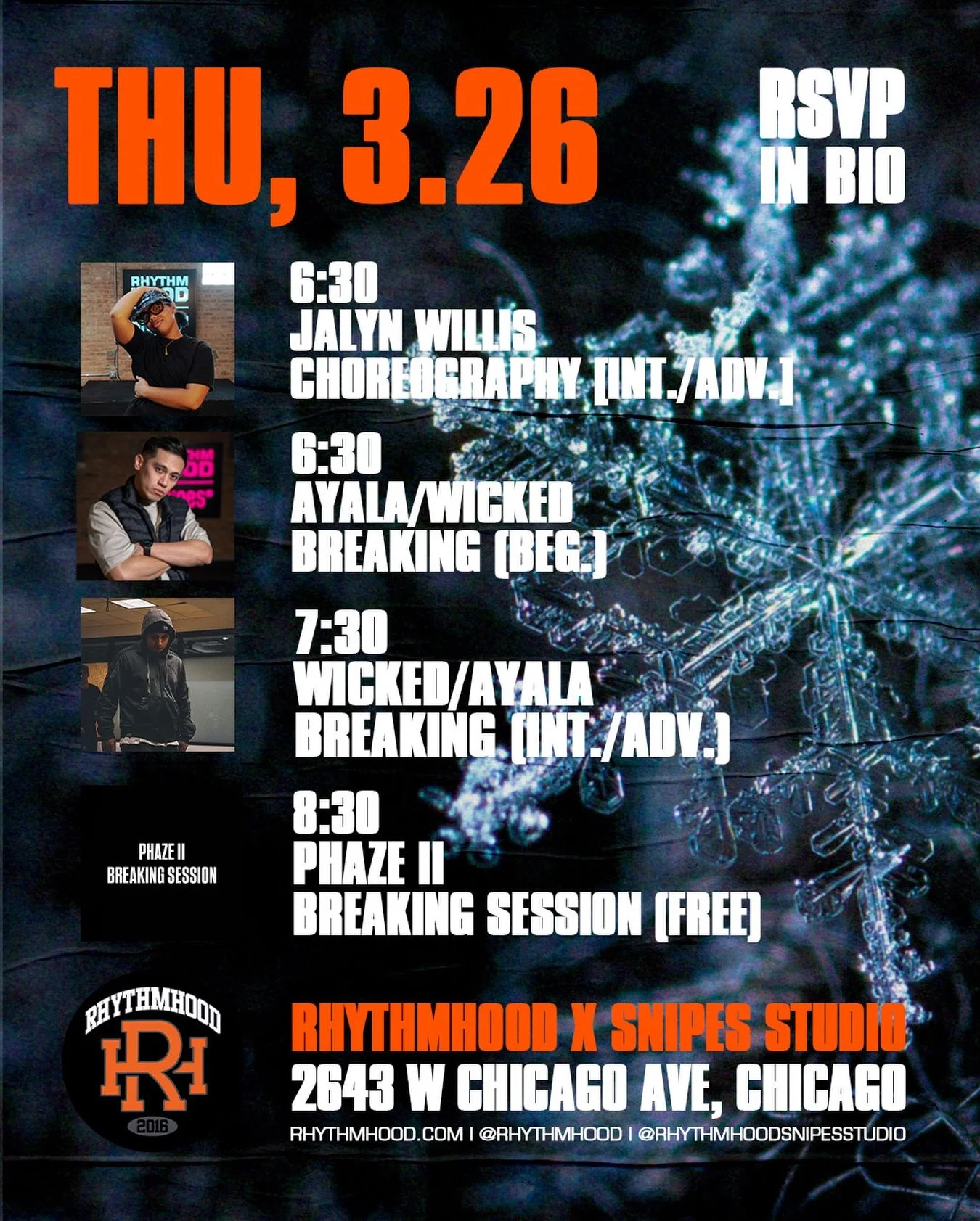 INT./ADV. CHOREO w/ @jalyn_j4 6:30 PM

BREAKING (Beg.) w/ @ayalaphaze2 @bboywicked 6:30 PM

BREAKING (Int./Adv) w/ @bboywicked @ayalaphaze2 7:30 PM 

OPEN BREAKING SESSION 8:30 PM

📍: 2643 W Chicago Ave, Chicago, IL 60622 (2nd Floor, Above REPS gym)