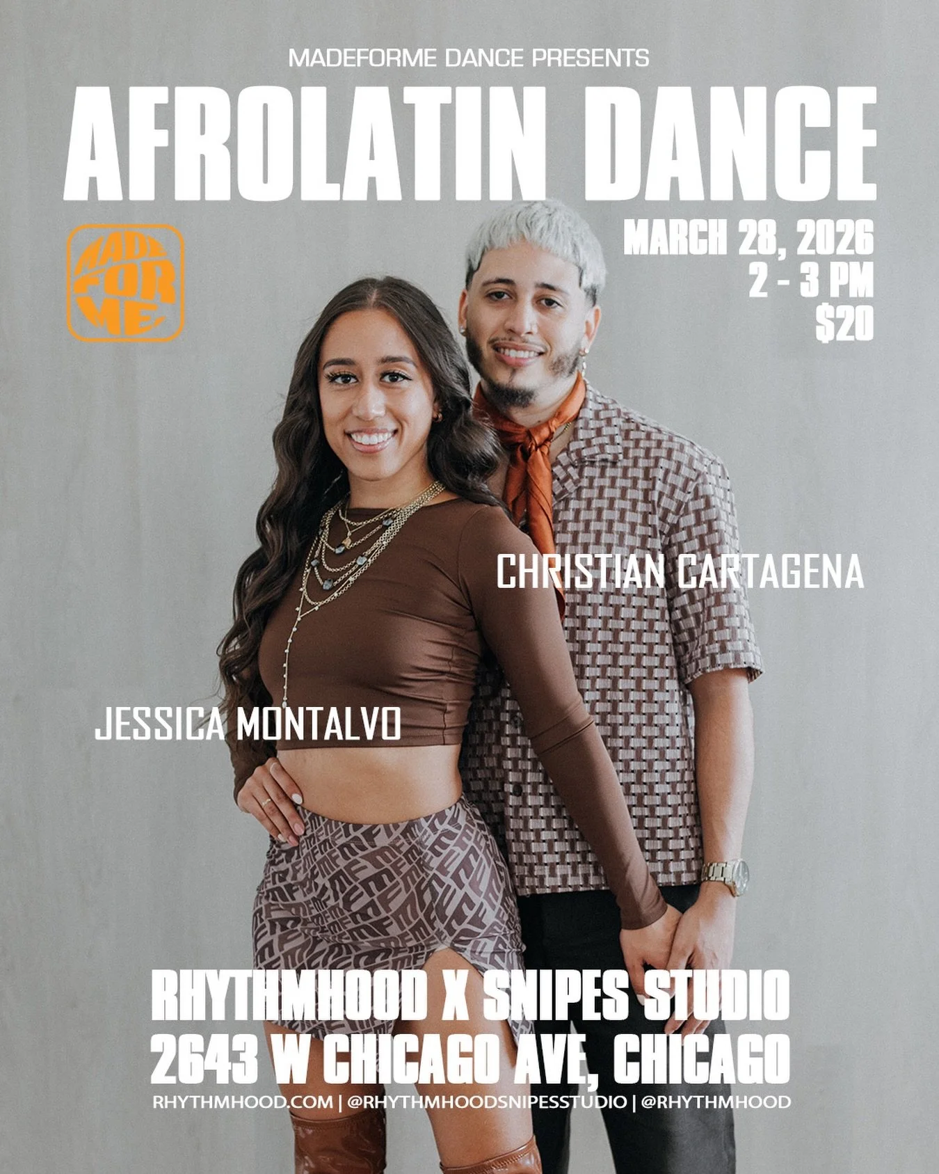 TODAY!

AFROLATIN DANCE w/ MADE FOR ME DANCE COMPANY
SATURDAY, MAR. 28, 2026
2 PM - 3 PM | $20
@madeformedance @jesca_taco_ @chrisscartagena94 @rhythmhoodsnipesstudio 

📍: 2643 W Chicago Ave, Chicago, IL 60622 (2nd Floor, Above REPS gym)

Pre-Regist