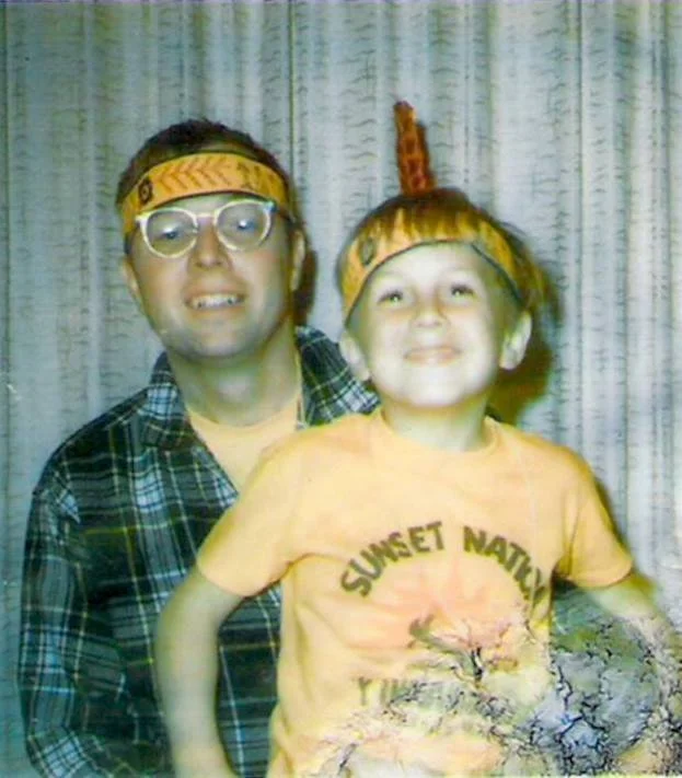 A Father and his Son at a Sunset Nation Indian Guides event in Malibu California, 1976.