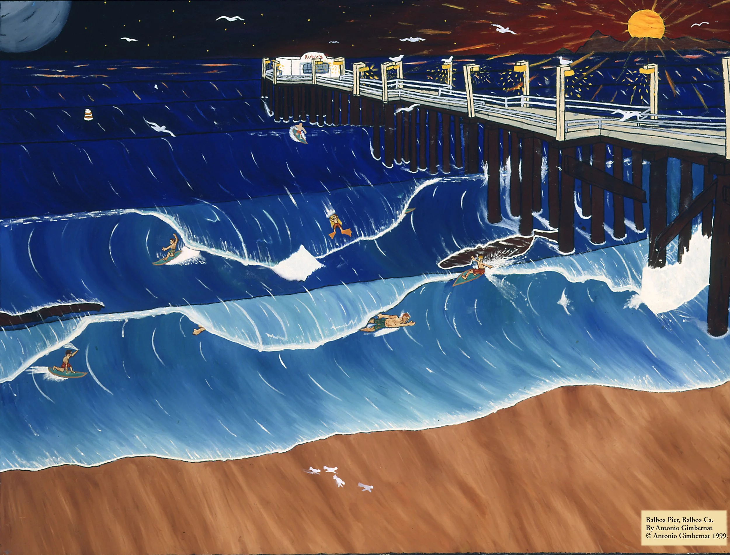 Night scene at the beach with a pier, waves, and surfers.