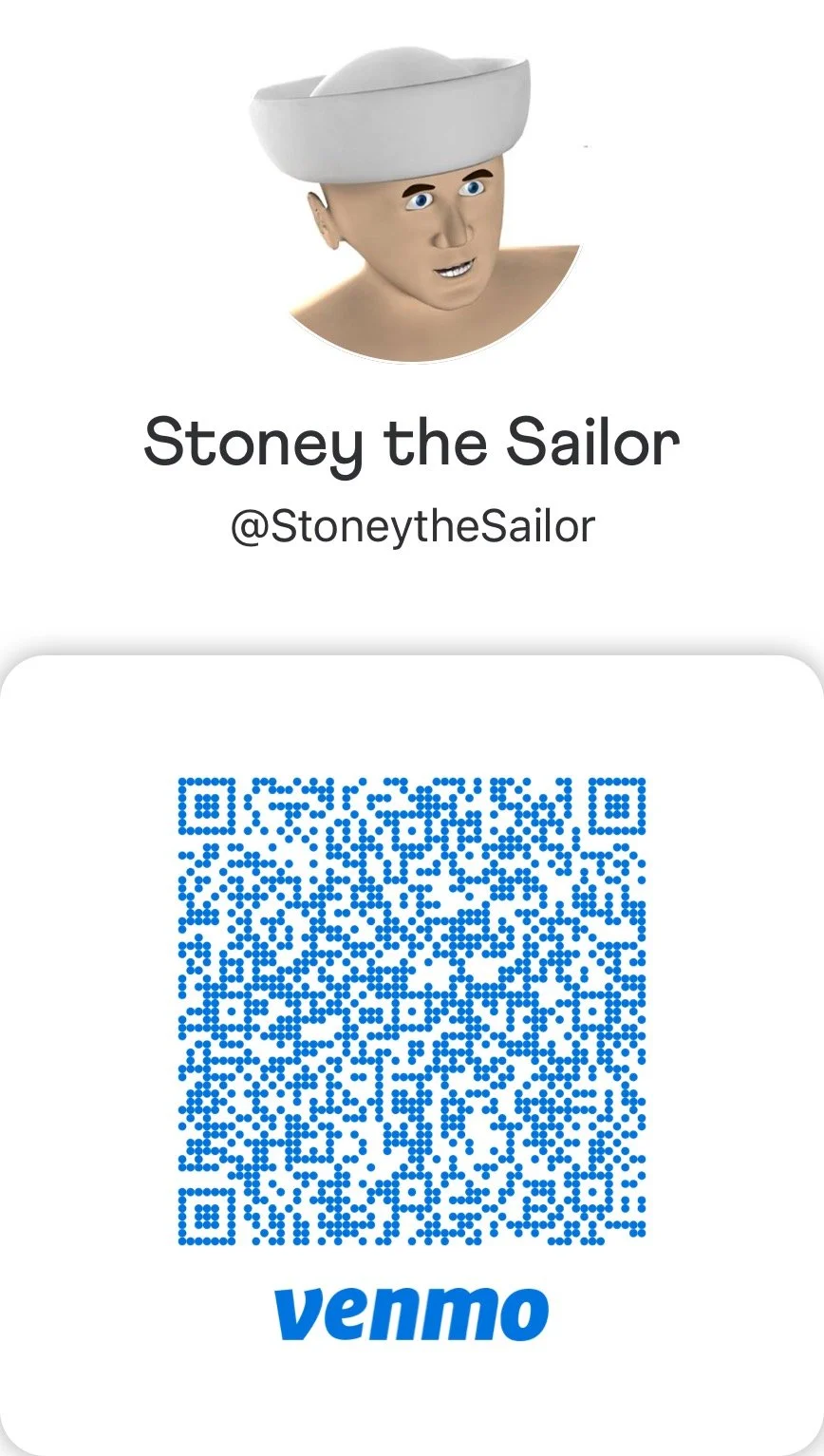 Digital business card for Stoney the Sailor, featuring a 3D animated character with a sailor hat and blue eyes, along with a QR code for Venmo payments.