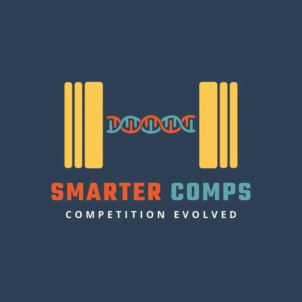 Logo with stylized yellow barbell and red-blue DNA strand, text "Smarter Comps" above "Competition Evolved" on dark background.