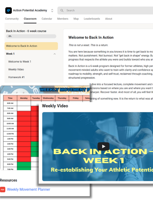 Images and screenshots from Back In Action online membership and course platform