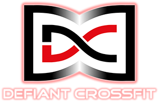 Defiant CrossFit logo with intertwined D and C in black and red on white, red border.